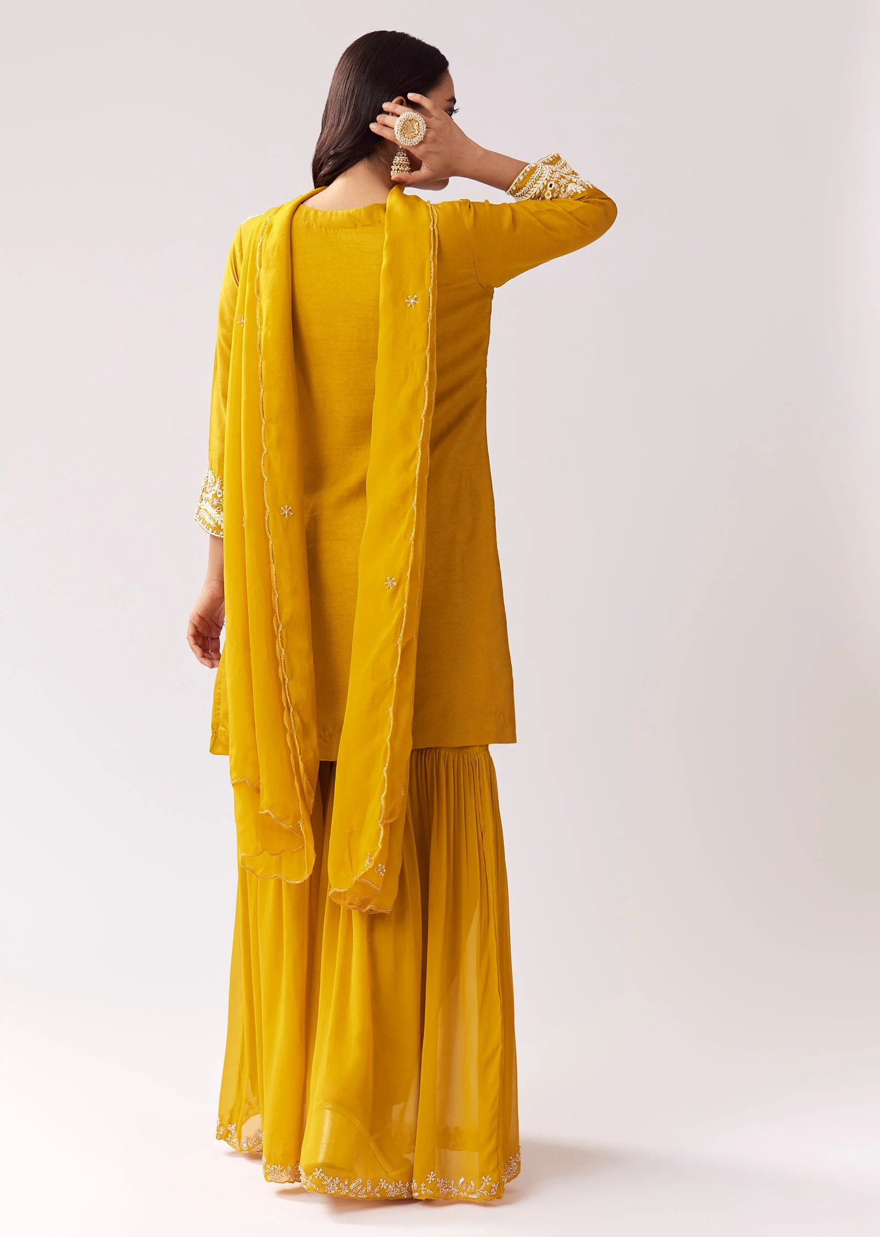 Bright Yellow Festive Duo – Mirror Work Sharara Set For Her And Mustard Viscose Kurta Set For Him - Image 4