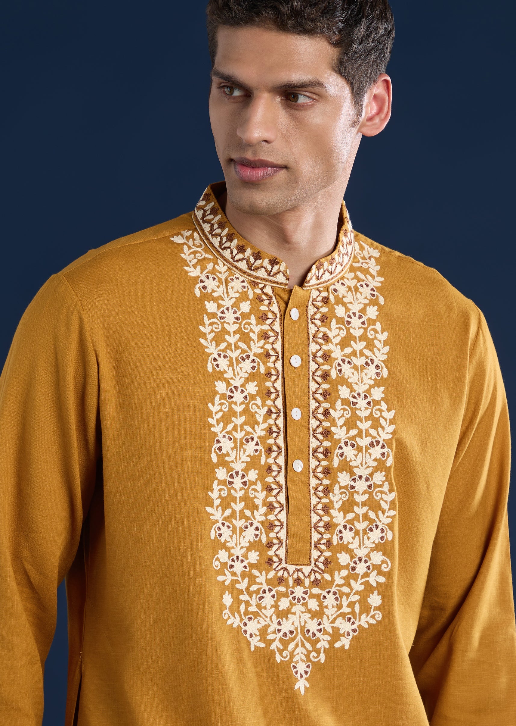 Bright Yellow Festive Duo – Mirror Work Sharara Set For Her And Mustard Viscose Kurta Set For Him - Image 7