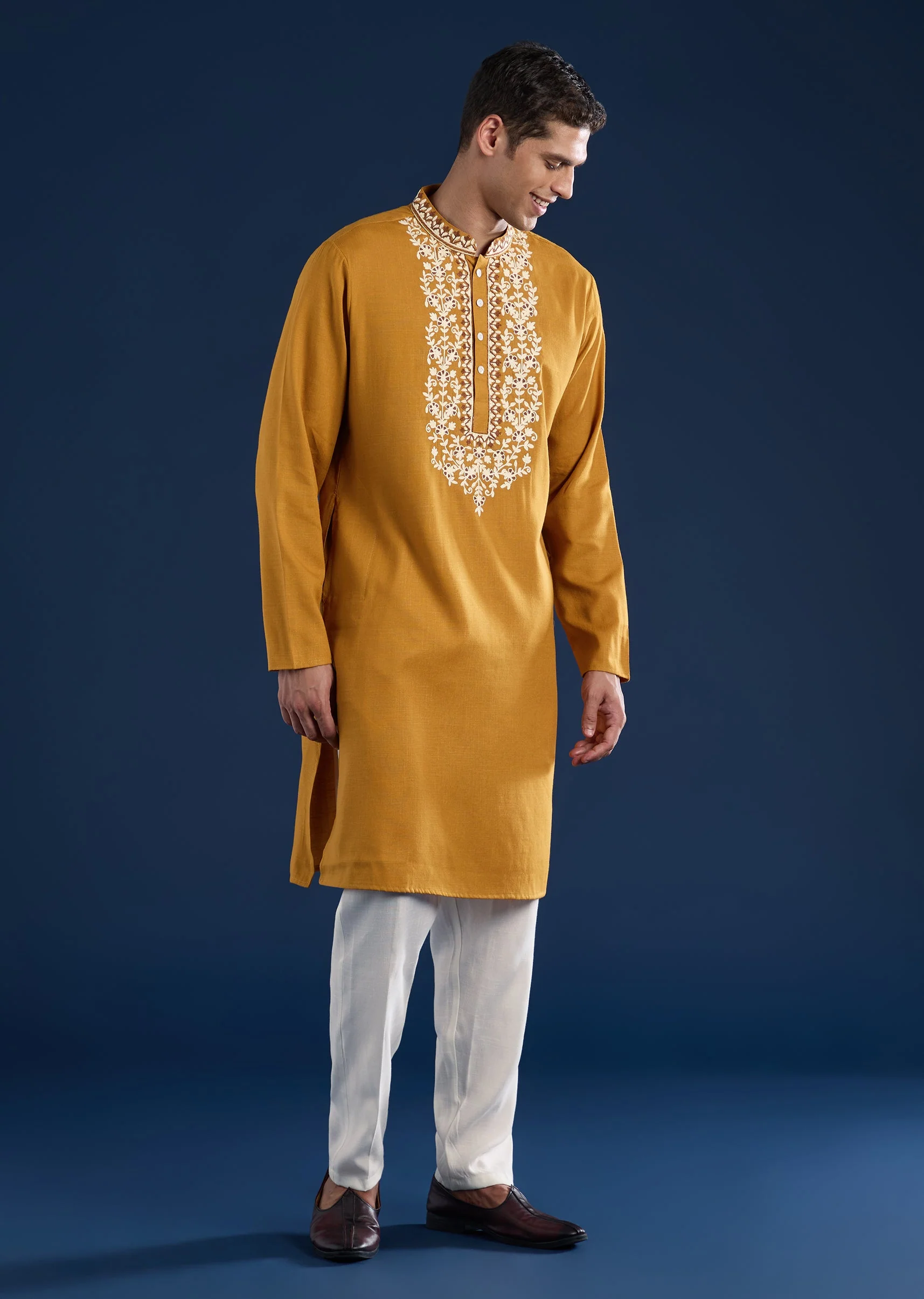 Bright Yellow Festive Duo – Mirror Work Sharara Set For Her And Mustard Viscose Kurta Set For Him - Image 9