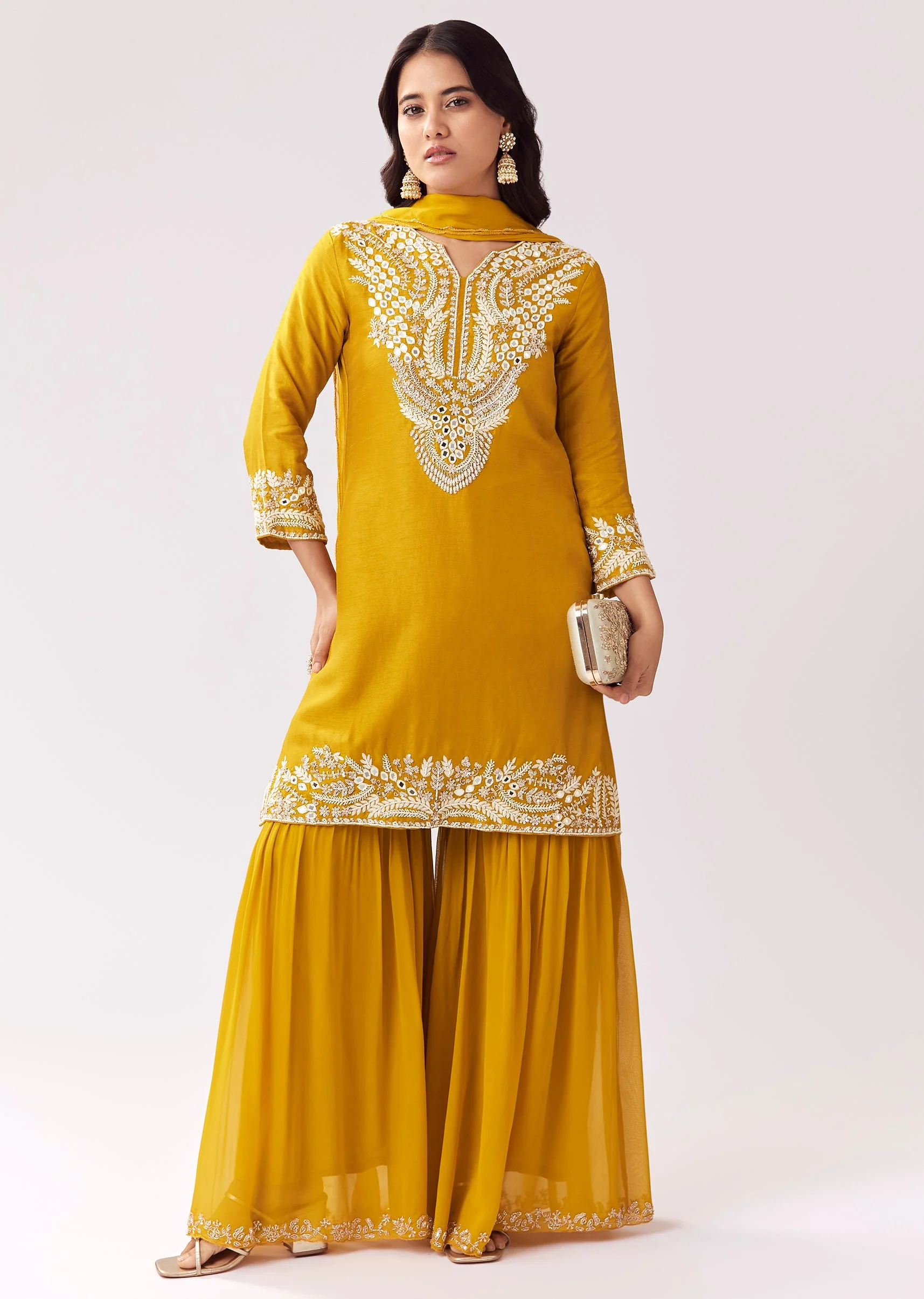 Bright Yellow Sharara Set With Mirror Work - Image 3