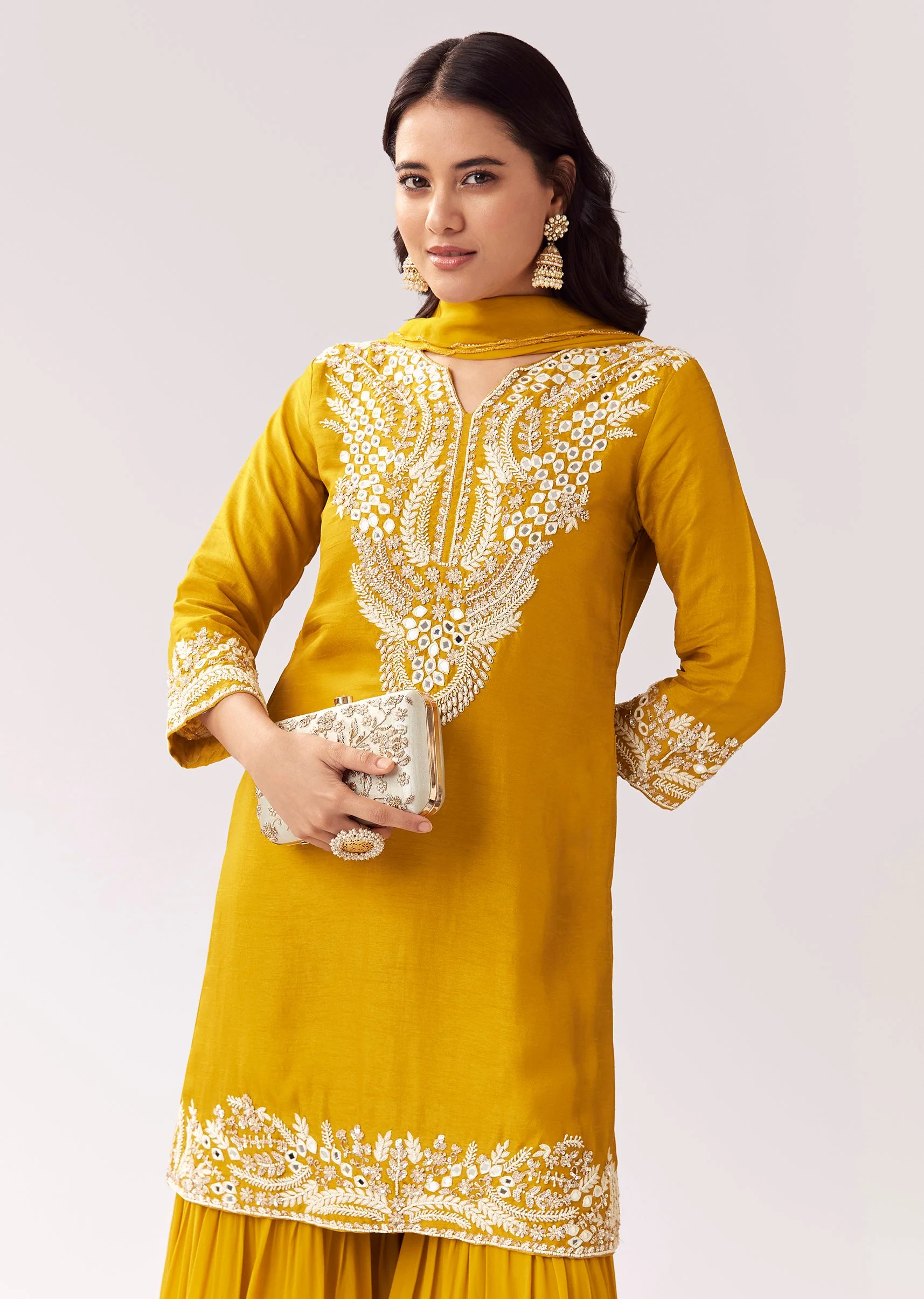 Bright Yellow Sharara Set With Mirror Work - Image 4