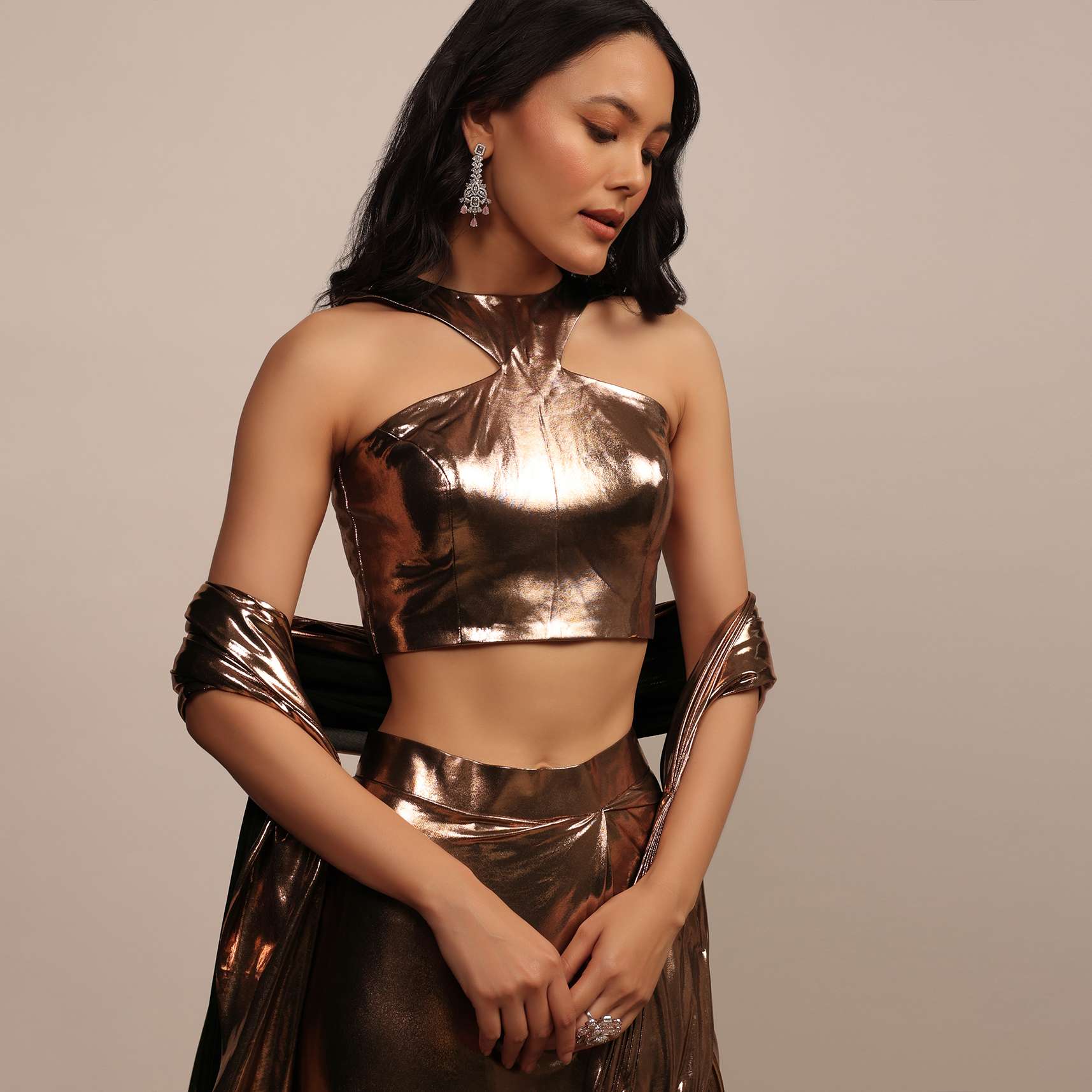 Bronze Brown Sleeveless Blouse in Lycra With Round Neckline - Image 4