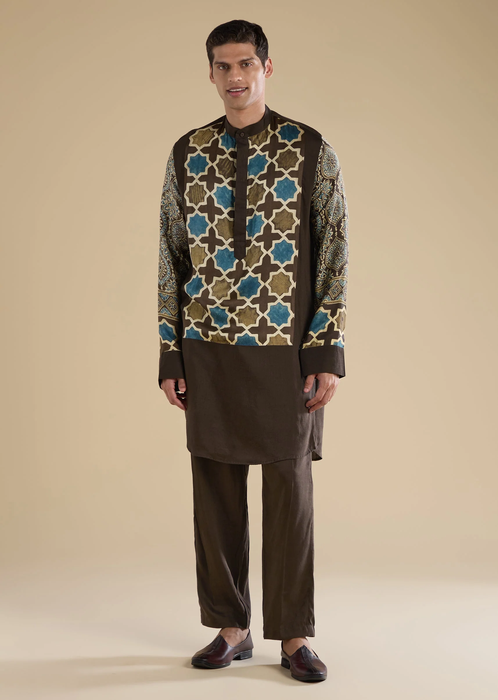 Brown Ajrakh Printed Kurta Set For Men