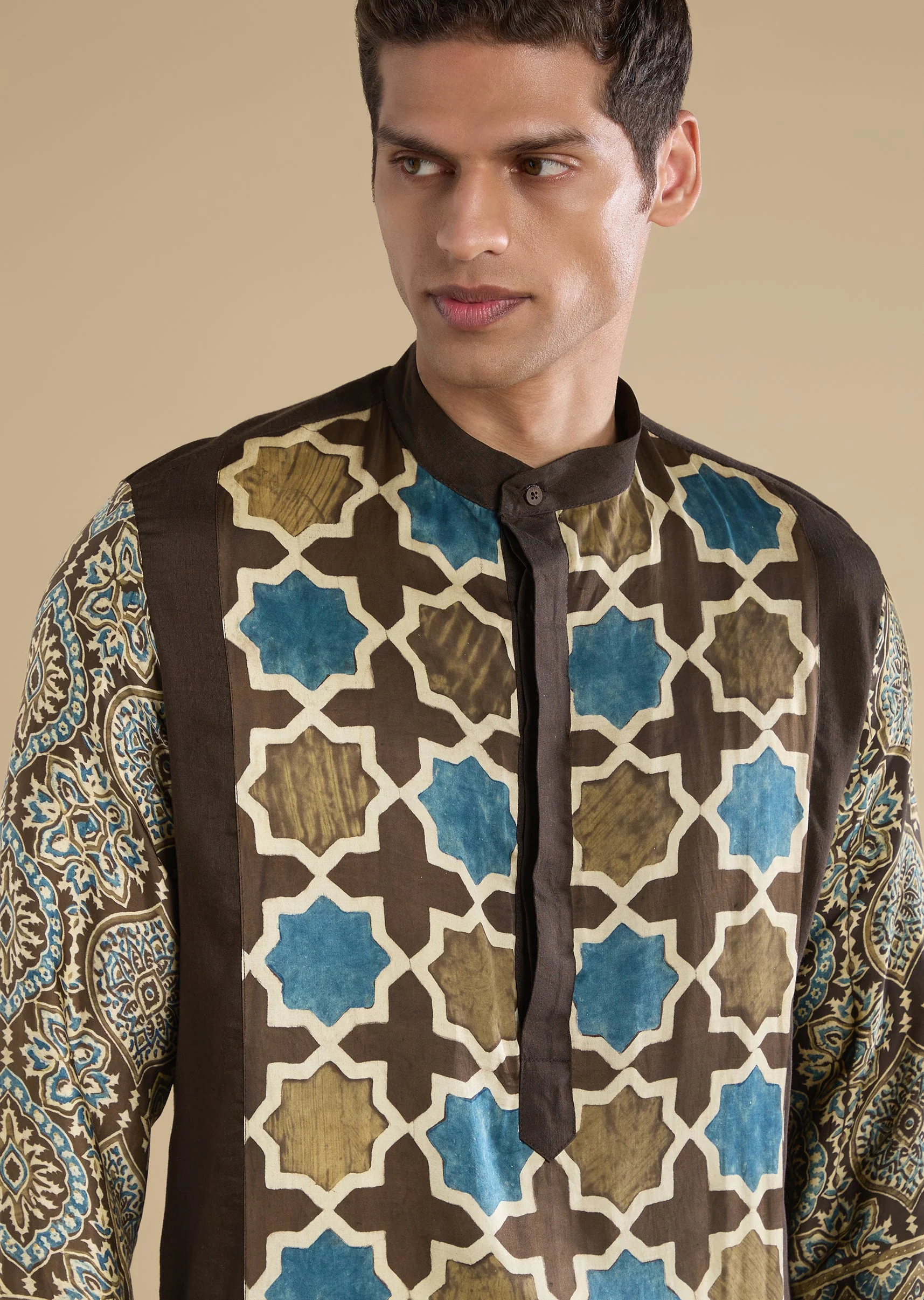 Brown Ajrakh Printed Kurta Set For Men - Image 2