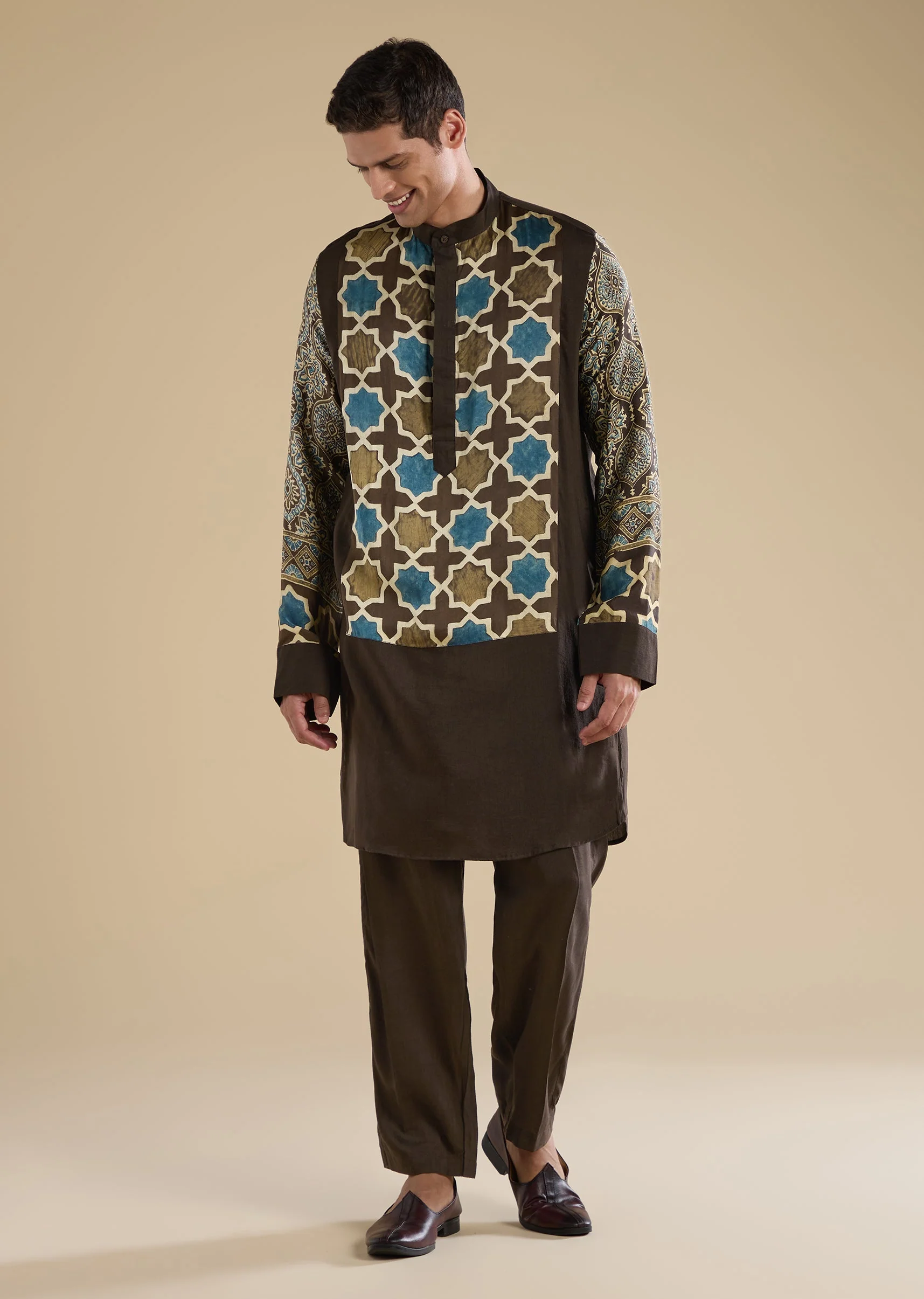 Brown Ajrakh Printed Kurta Set For Men - Image 3