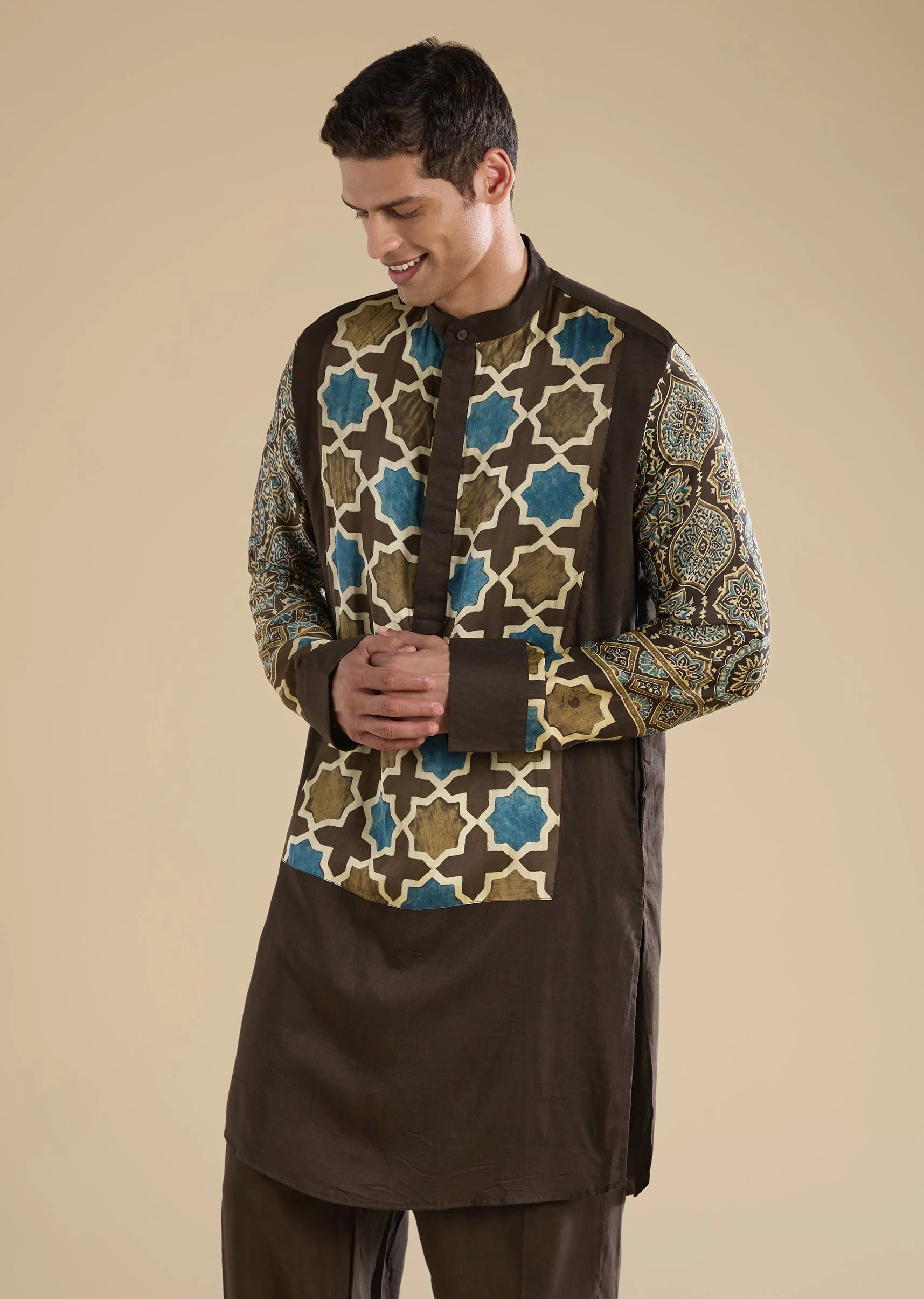 Brown Ajrakh Printed Kurta Set For Men - Image 4