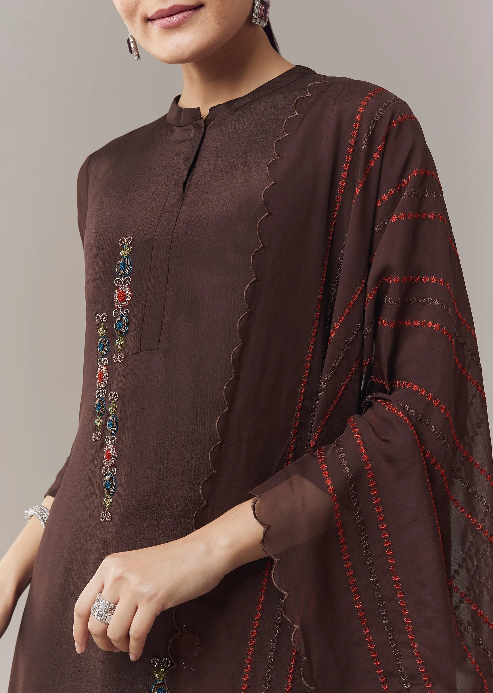 Brown Anarkali Suit With Beads Cut Dana And Resham Work And Dupatta - Image 2