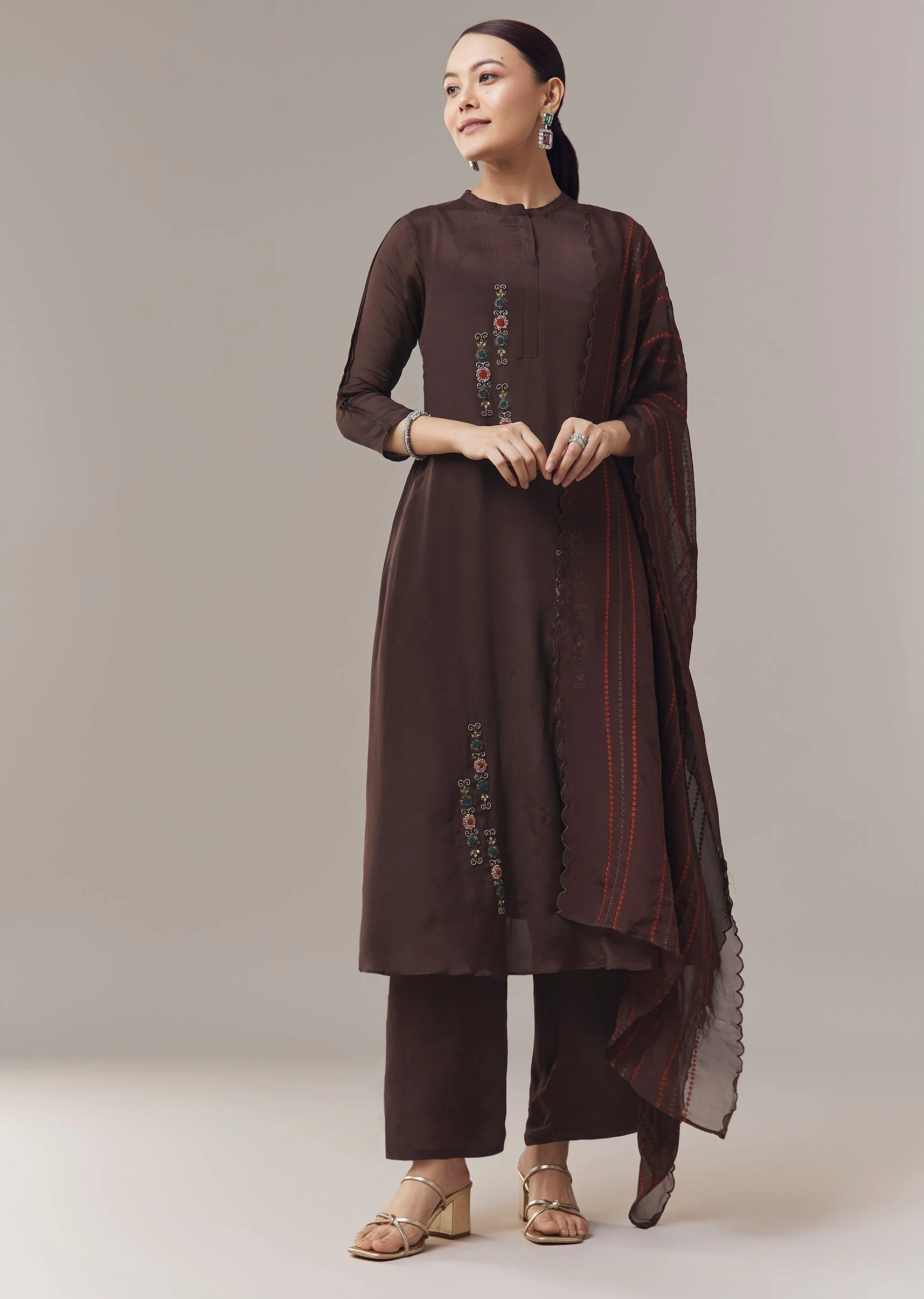 Brown Anarkali Suit With Beads Cut Dana And Resham Work And Dupatta - Image 3