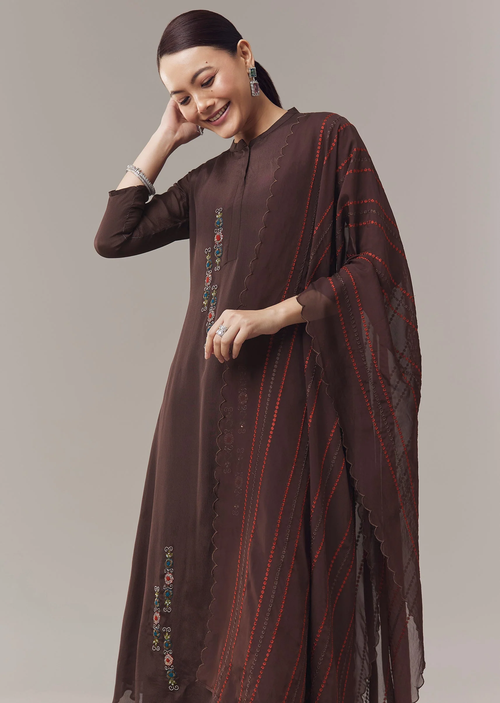 Brown Anarkali Suit With Beads Cut Dana And Resham Work And Dupatta - Image 4