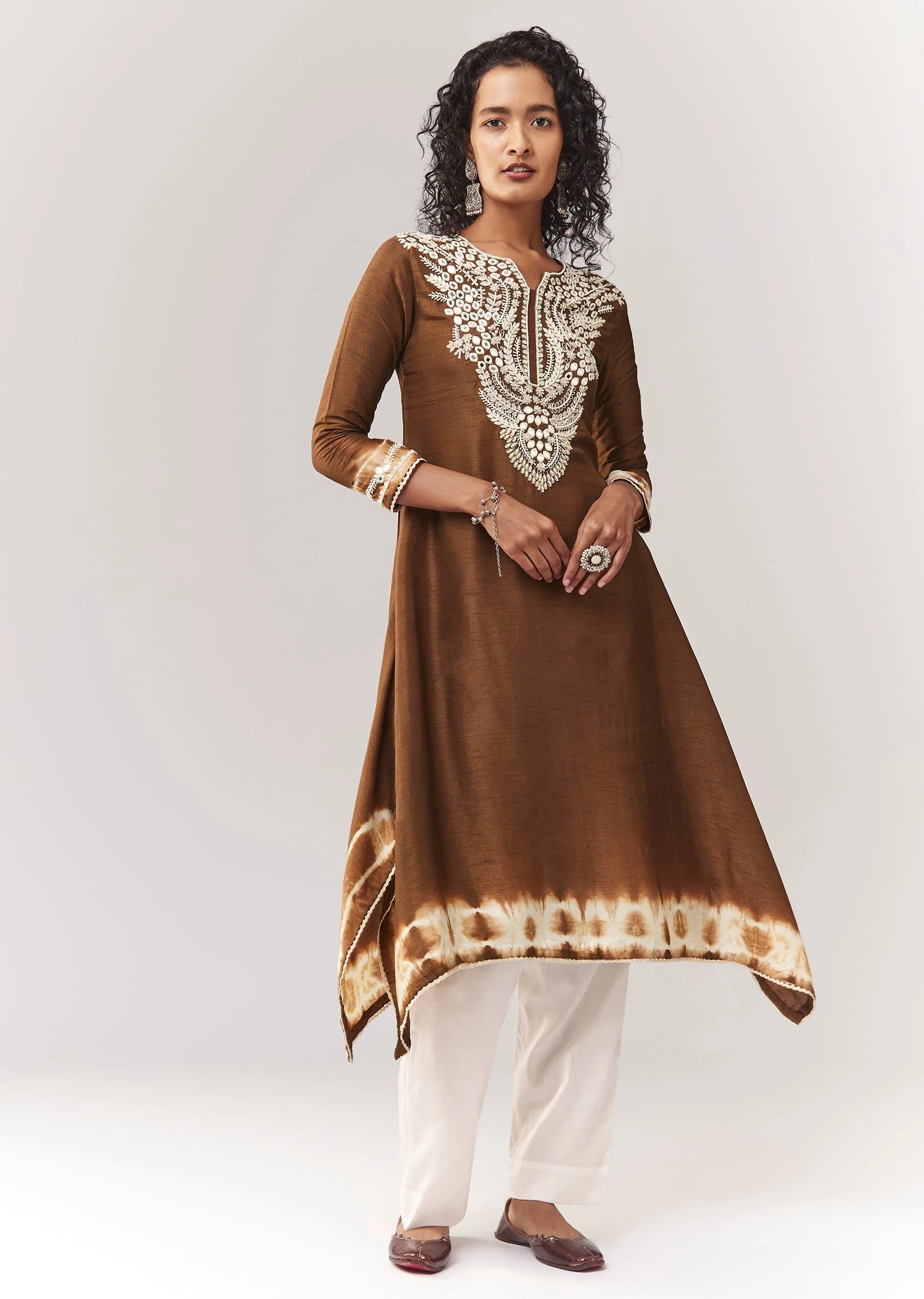 Brown Asymmetric A line Kurta Coord With Mirror And Sequin Work - Image 3