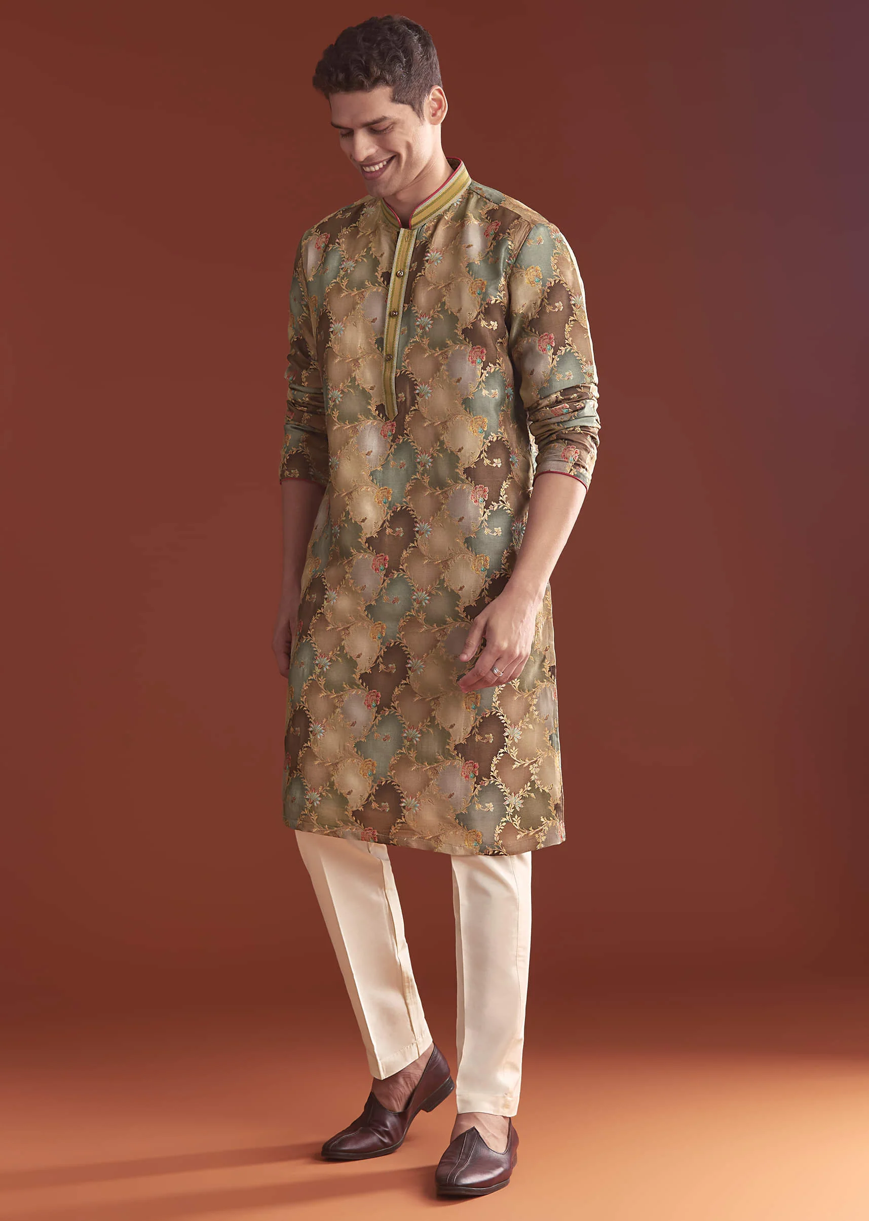 Brown Banarasi Kurta Set For Men With Vine Pattern - Image 3