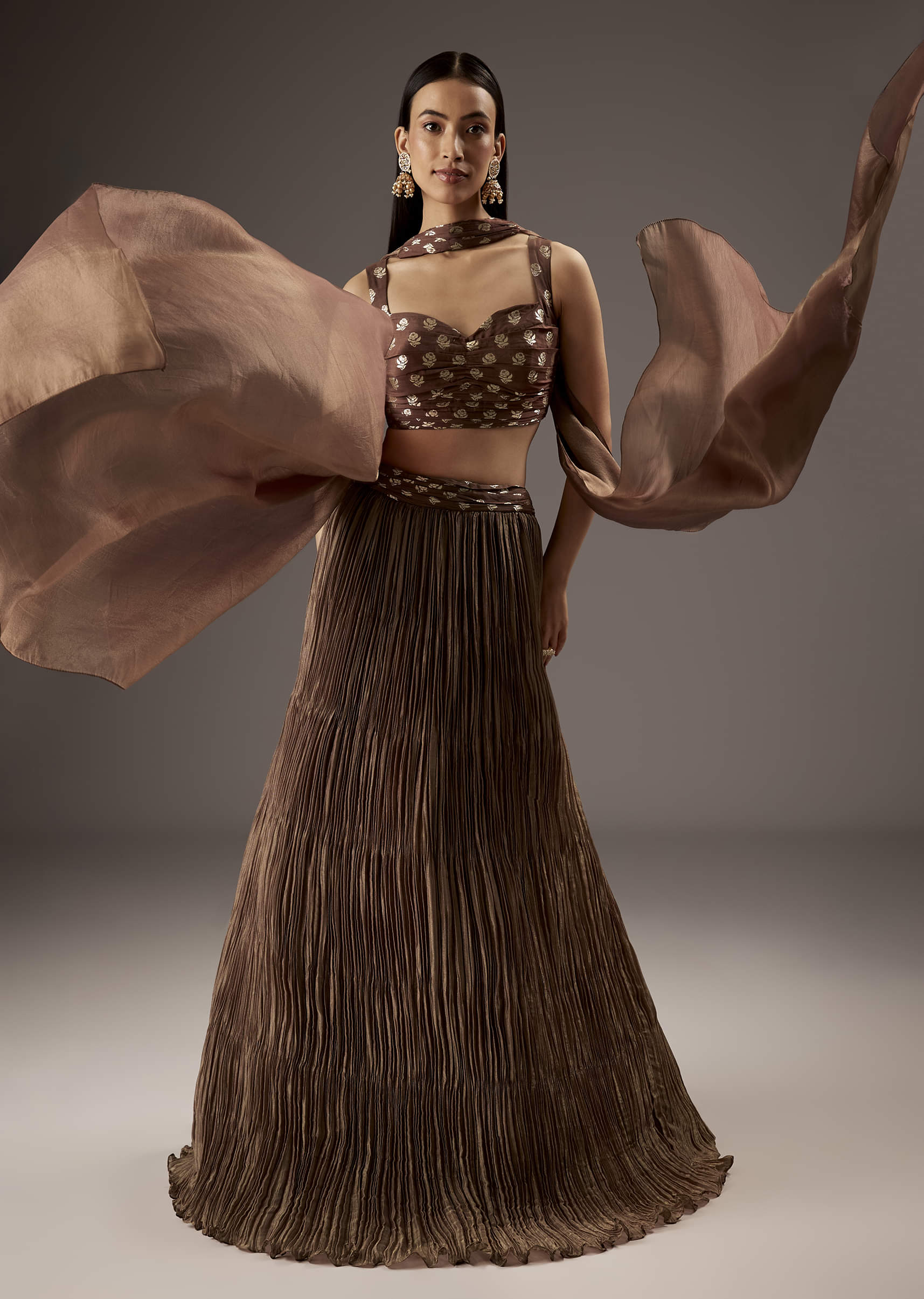 Brown Banarasi Silk Bridesmaid Lehenga - Image 4
