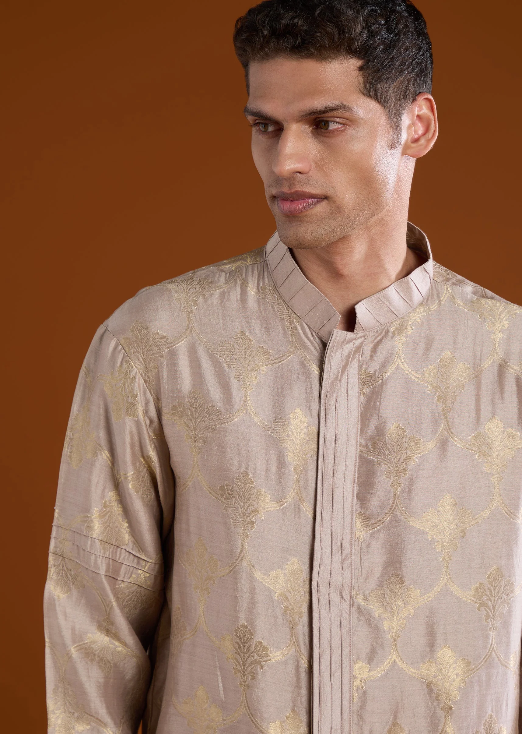 Brown Banarasi Silk Mens Kurta Pant Set - Image 2