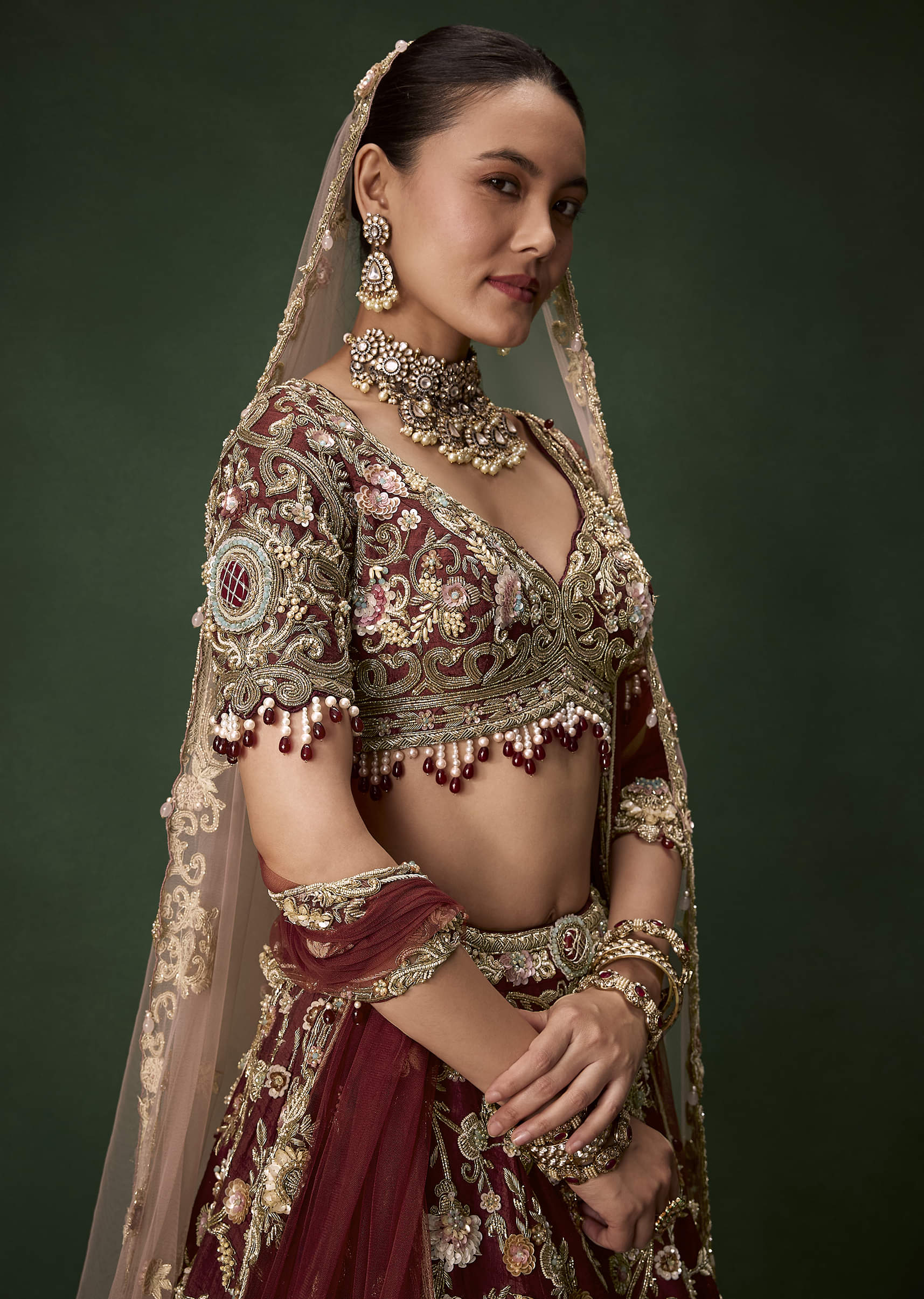 Brown Bridal Cutdana Embellished Silk Lehenga Set with  Two Dupattas - Image 3