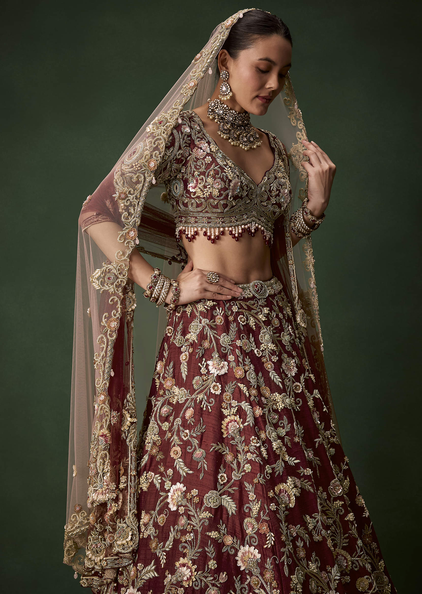 Brown Bridal Cutdana Embellished Silk Lehenga Set with  Two Dupattas - Image 5