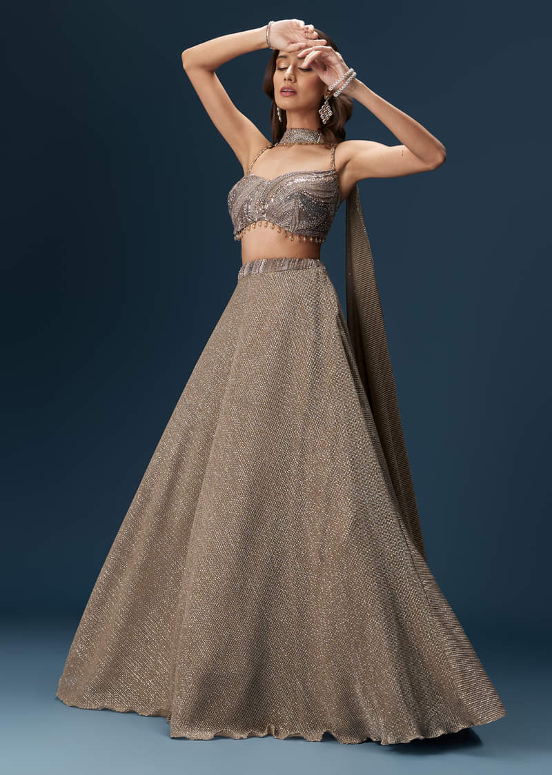 Brown Bridesmaid Lehenga With Choker Net Dupatta And Embellished Blouse - Image 3