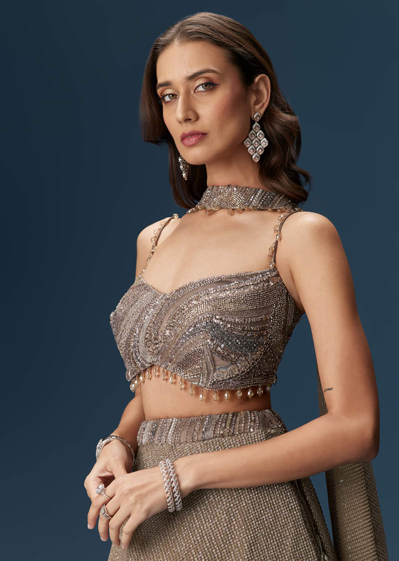 Brown Bridesmaid Lehenga With Choker Net Dupatta And Embellished Blouse - Image 5