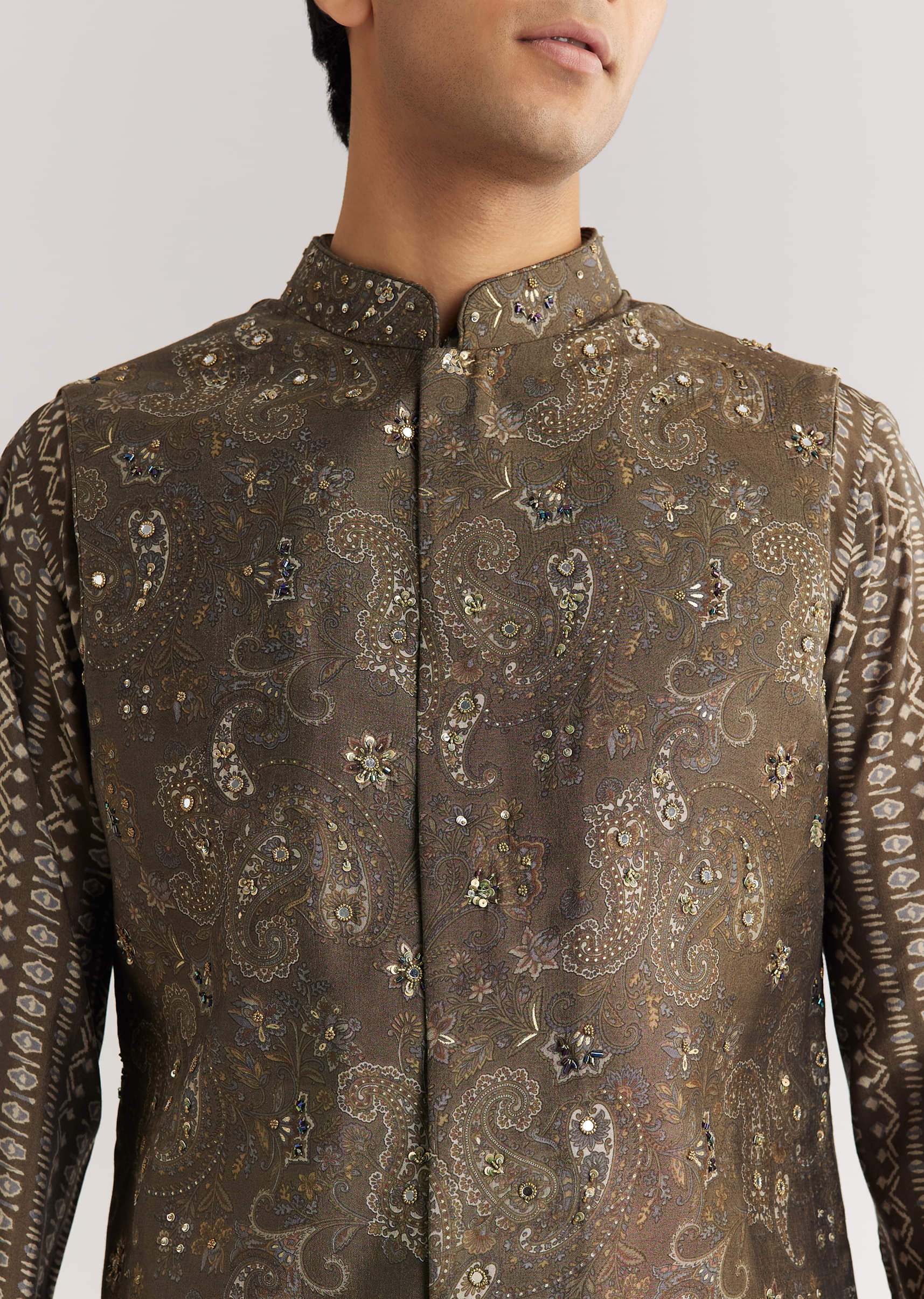 Brown Chanderi Silk Jacket Kurta Set With Mirror And Stone Work - Image 3
