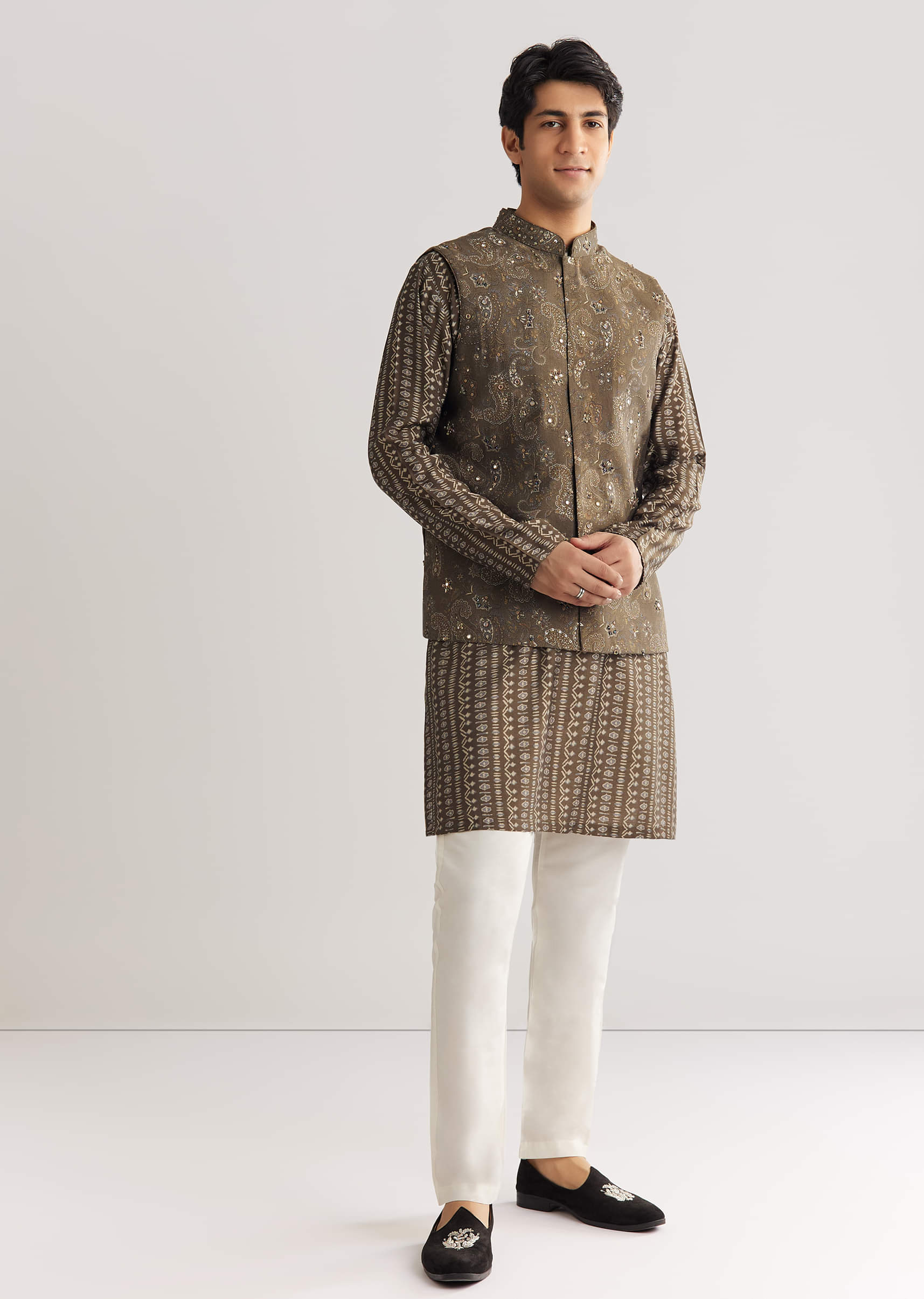 Brown Chanderi Silk Jacket Kurta Set With Mirror And Stone Work - Image 4