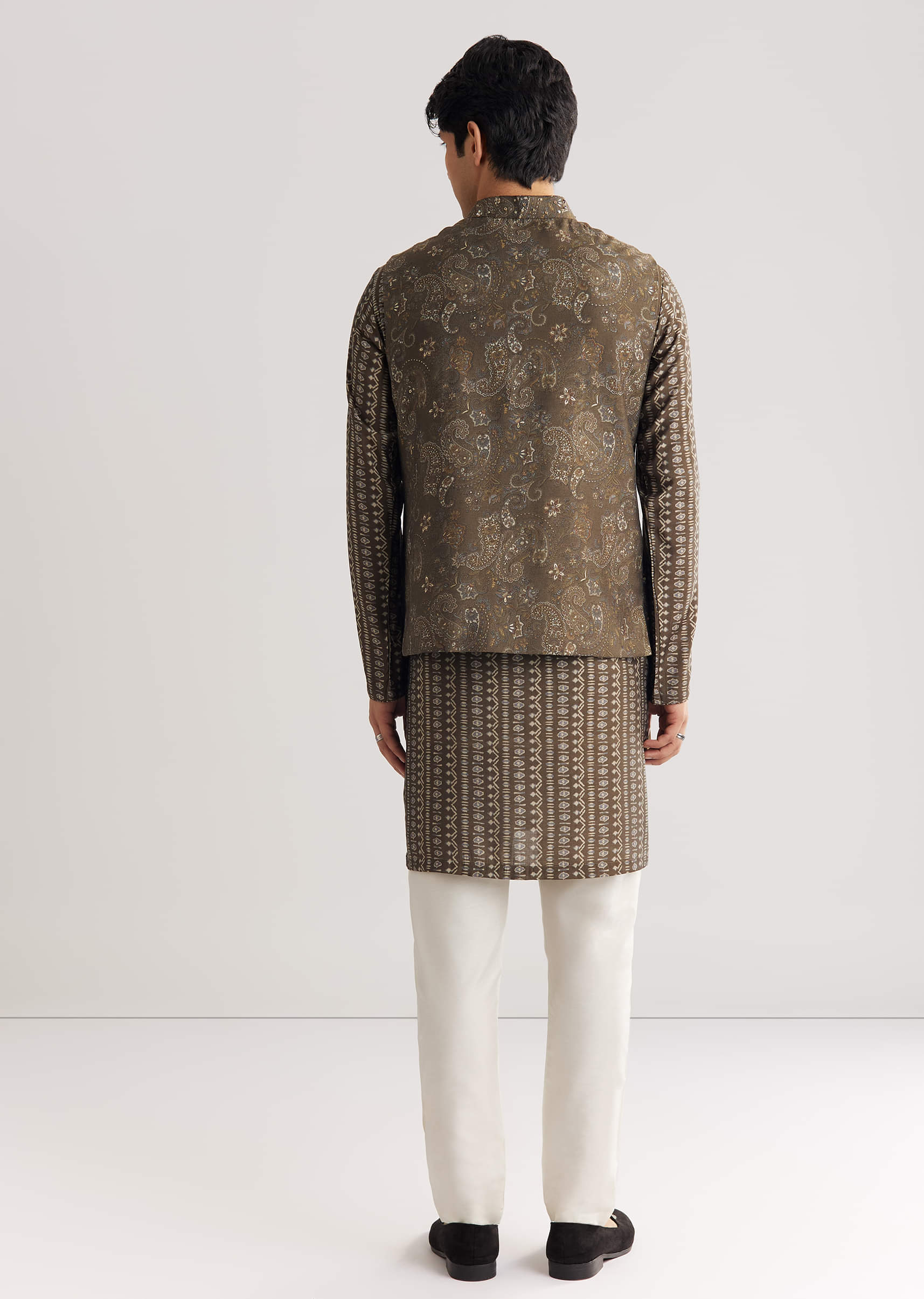 Brown Chanderi Silk Jacket Kurta Set With Mirror And Stone Work - Image 5