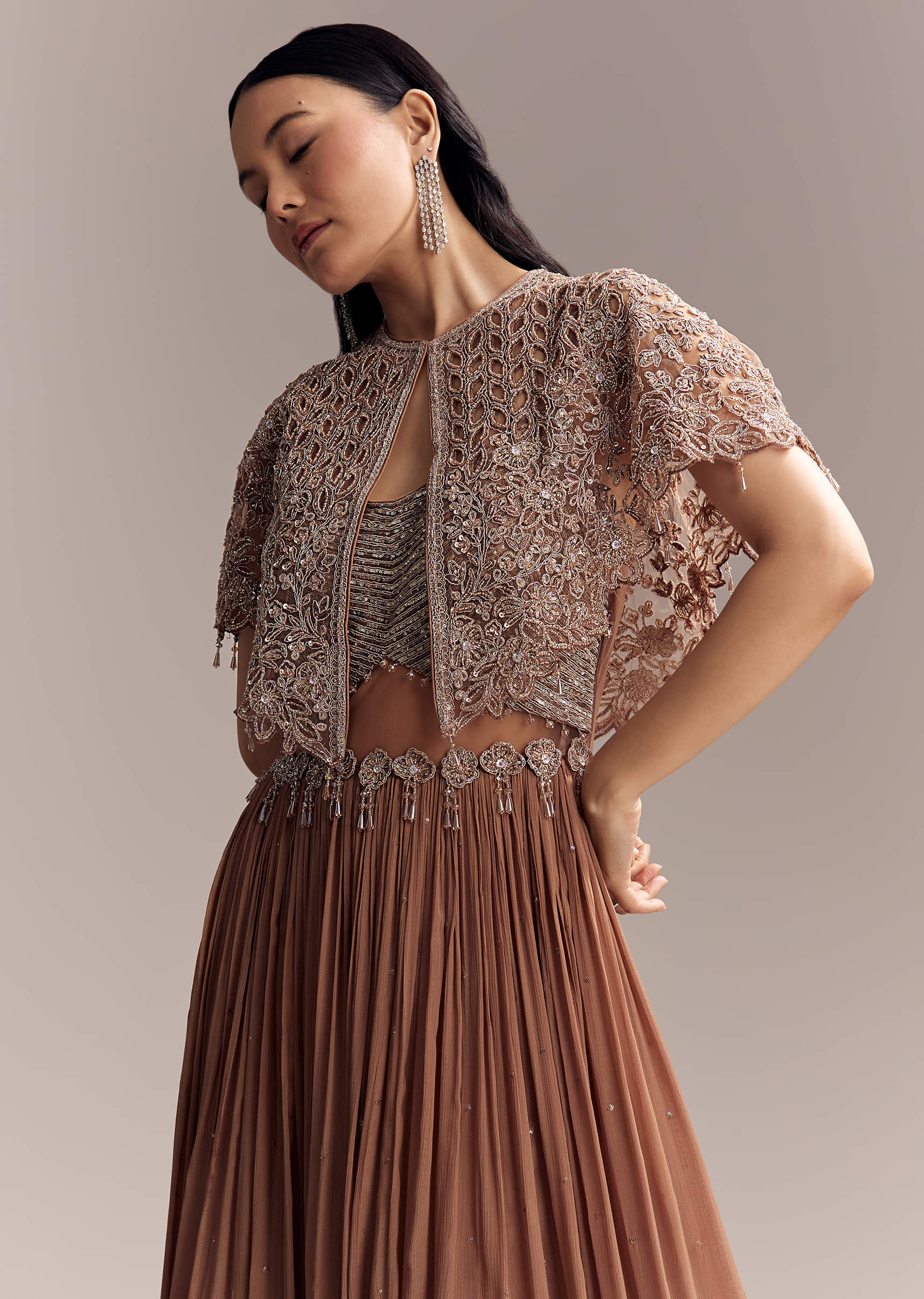 Brown Chinon Contemporary Gown With Embroidered Cape - Image 3