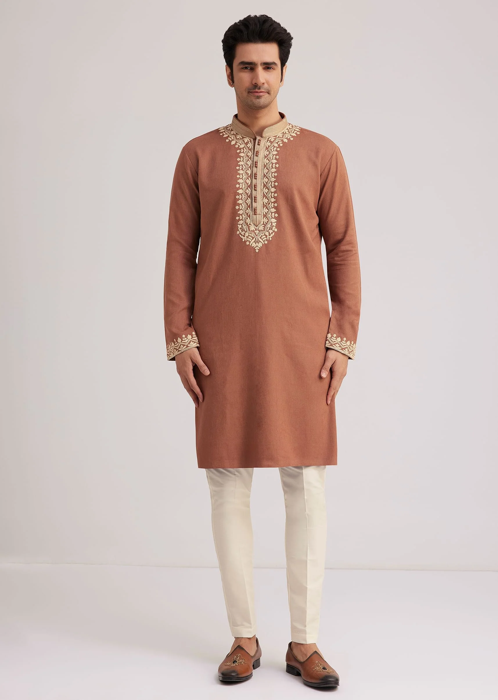 Brown Cotton Kurta Set With Embroidered Yoke And Sleeve Cuffs - Image 3