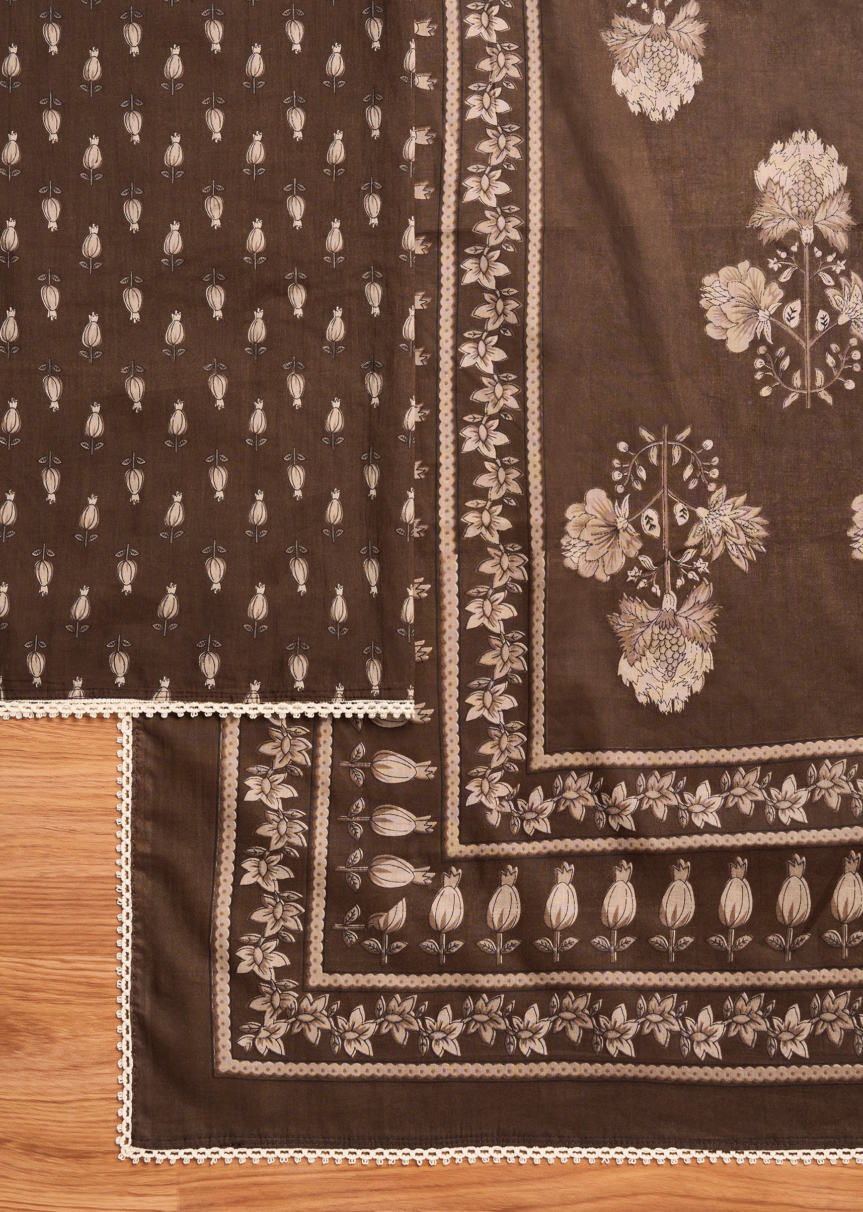 Brown Cotton Printed Unstitched Suit Set With Dupatta - Image 3