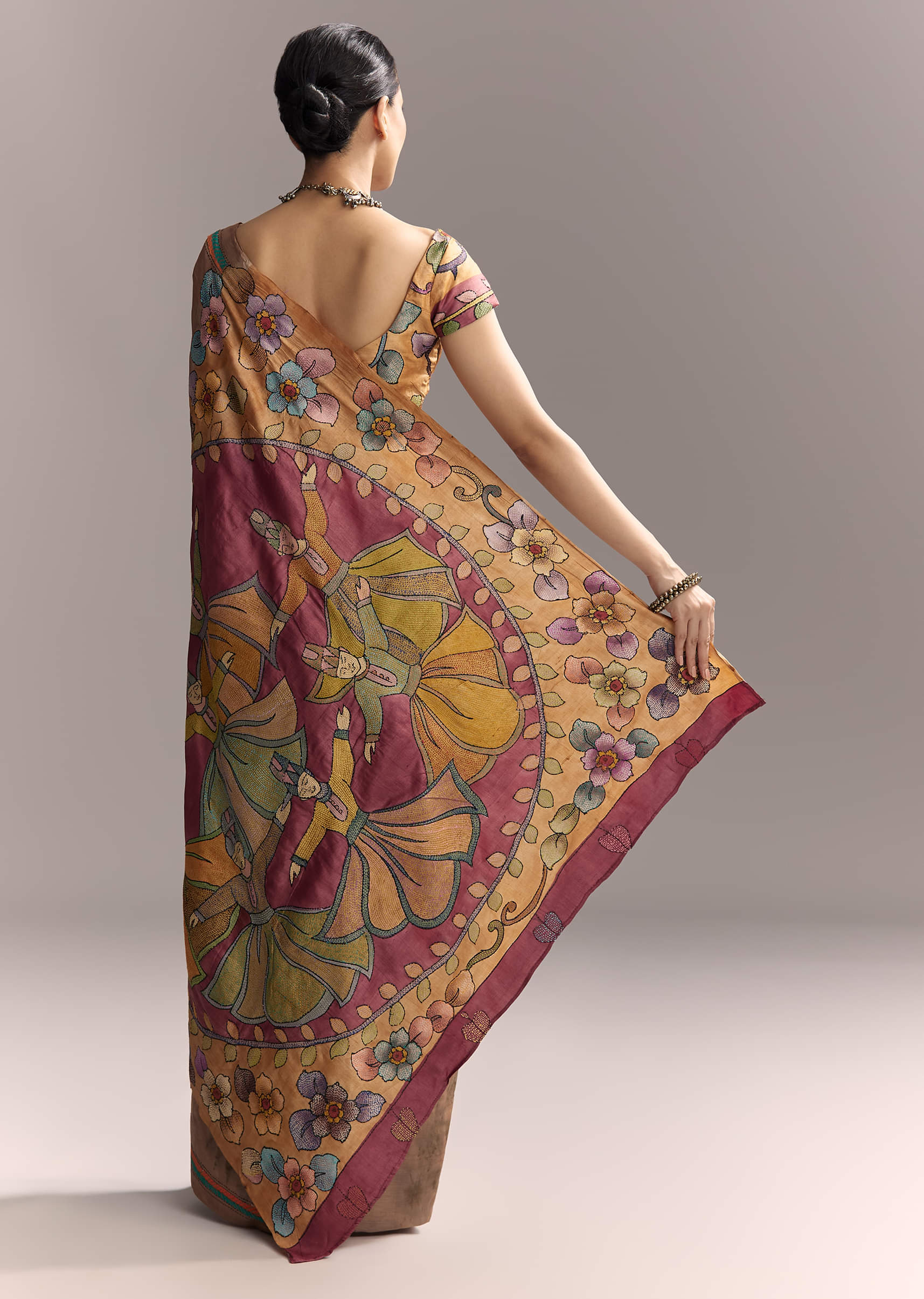 Brown Cotton Saree With Hand Painted Motifs And Contrast Border - Image 4