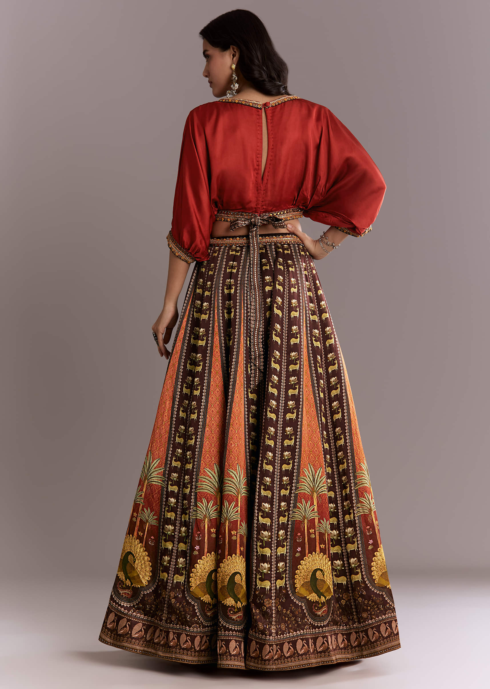 Brown Crepe Crop Top And Printed Skirt Set - Image 2
