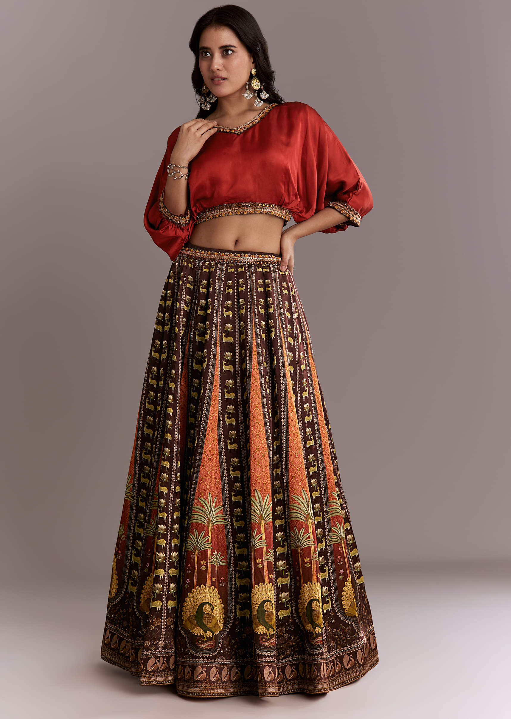 Brown Crepe Crop Top And Printed Skirt Set - Image 4