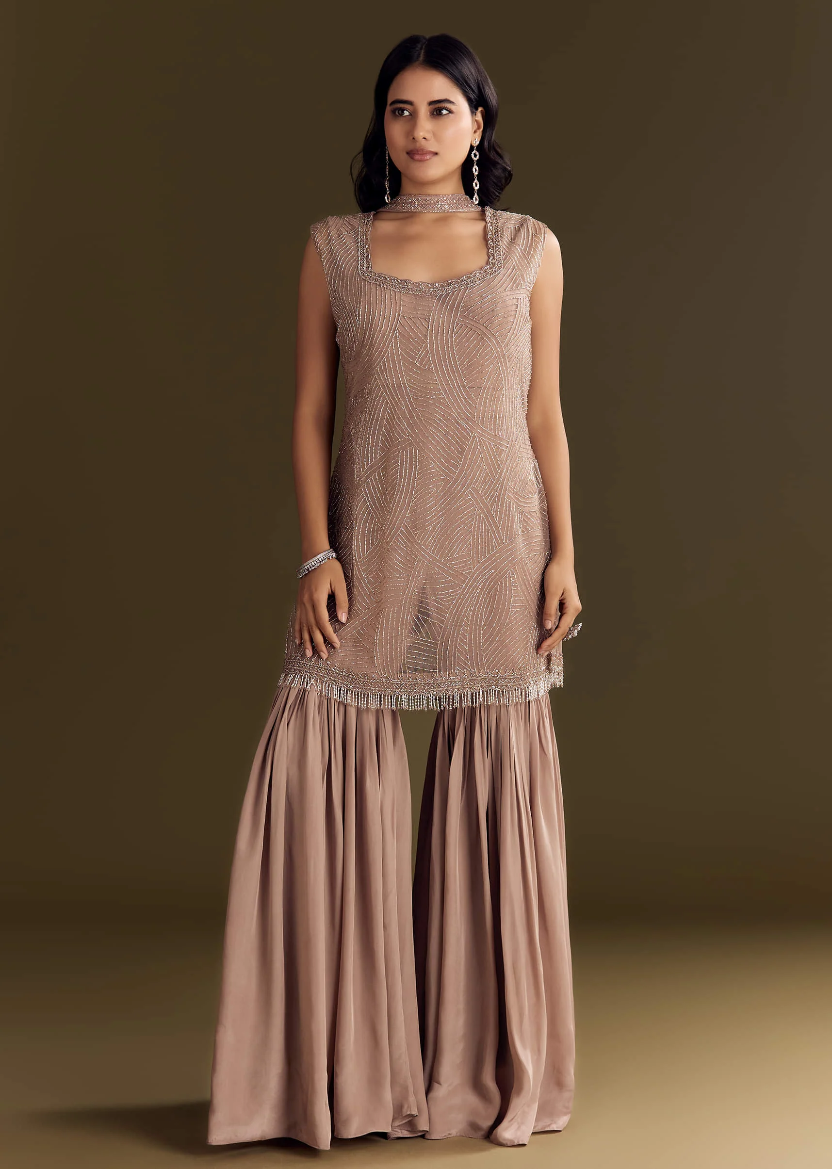 Brown Crepe Kurta Sharara With Choker Style Net Dupatta - Image 4