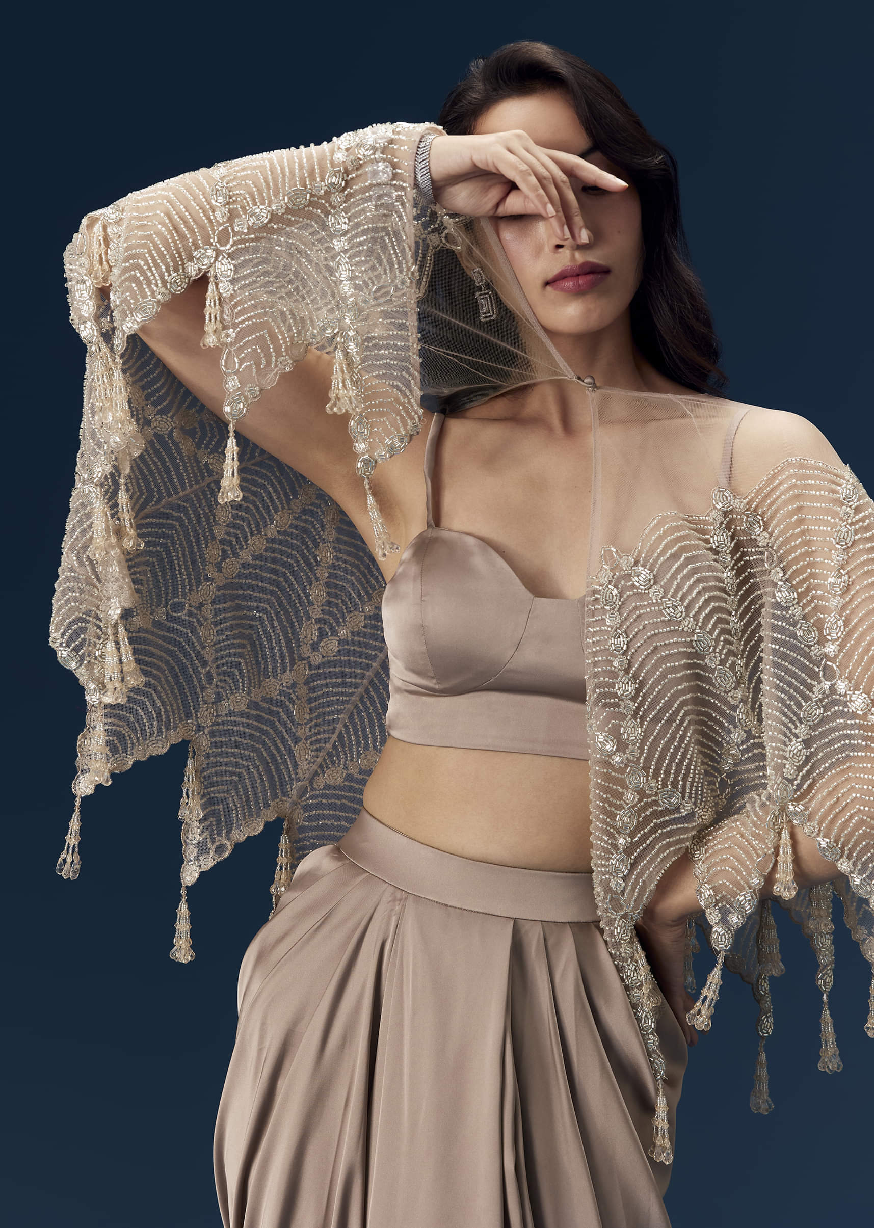 Brown Crop Top Skirt Set with Cape - Image 3