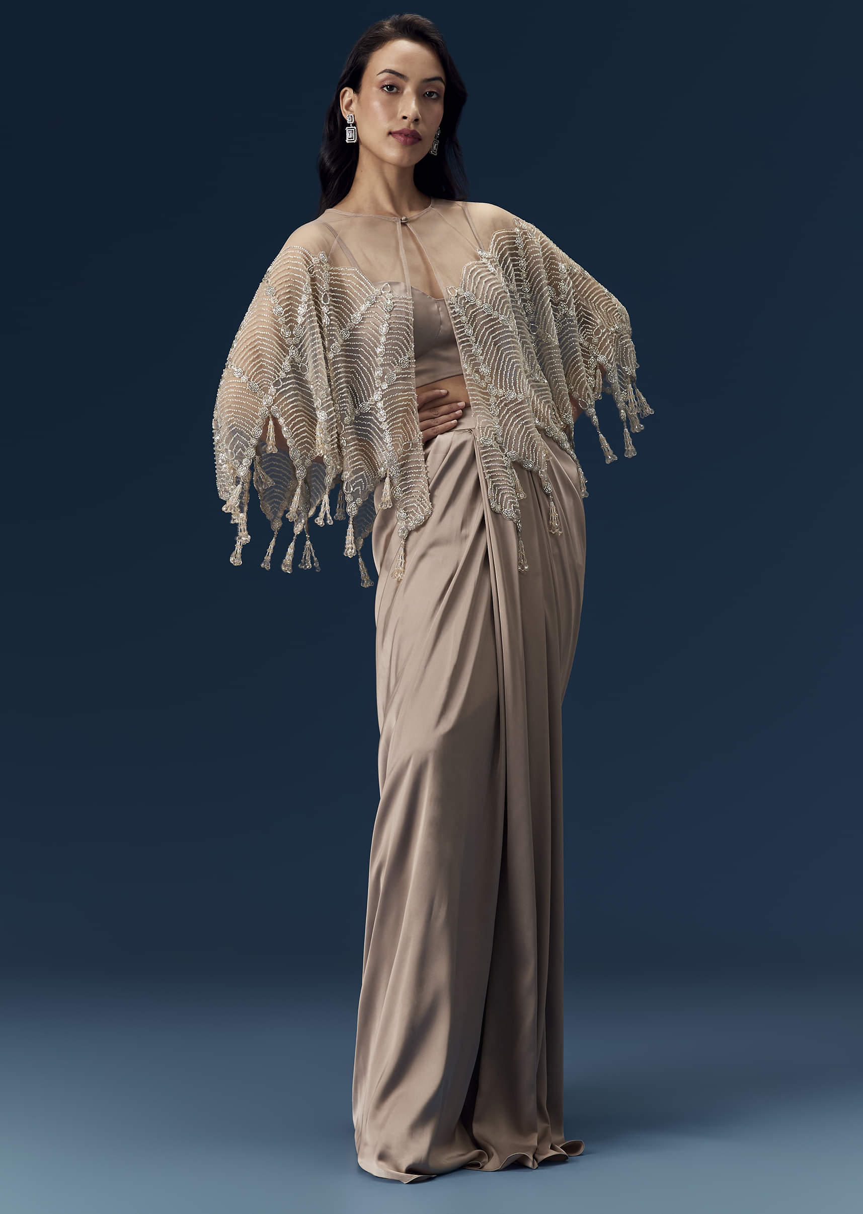 Brown Crop Top Skirt Set with Cape - Image 4