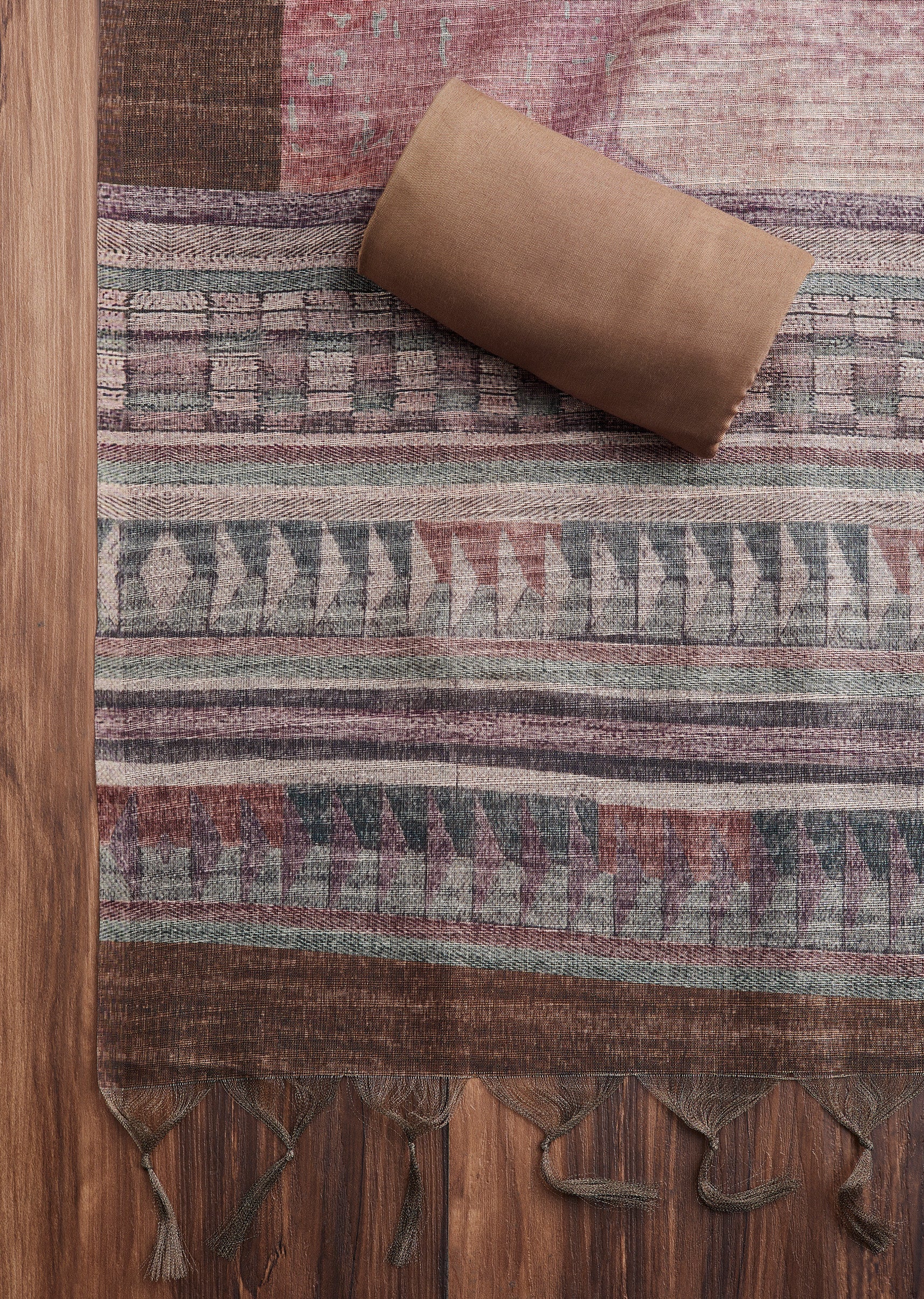 Brown Dola Silk Printed Unstitched Suit - Image 4