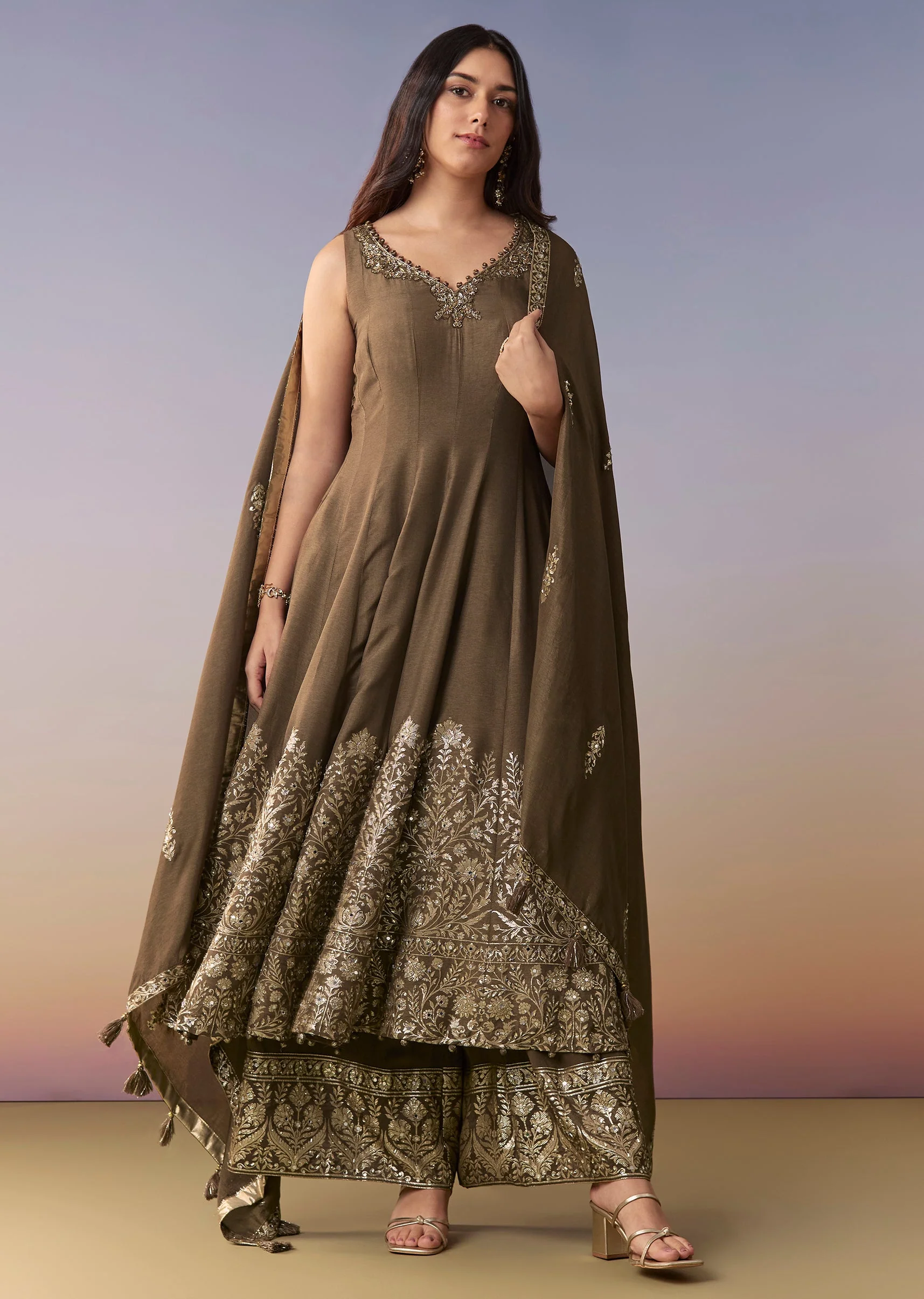 Brown Embellished Anarkali Suit Set With Pant And Dupatta - Image 3