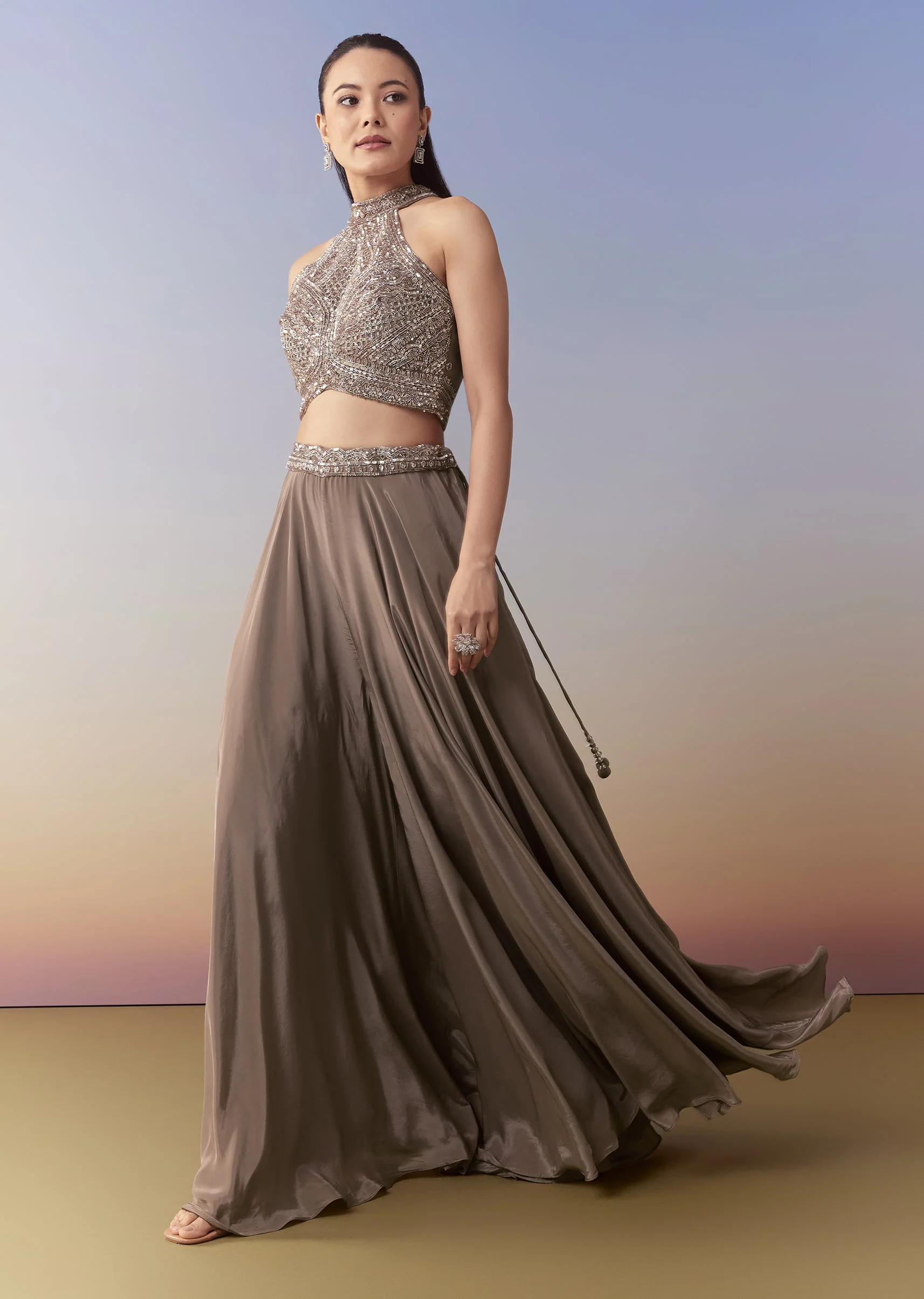 Brown Embellished Crop Top Palazzo Set