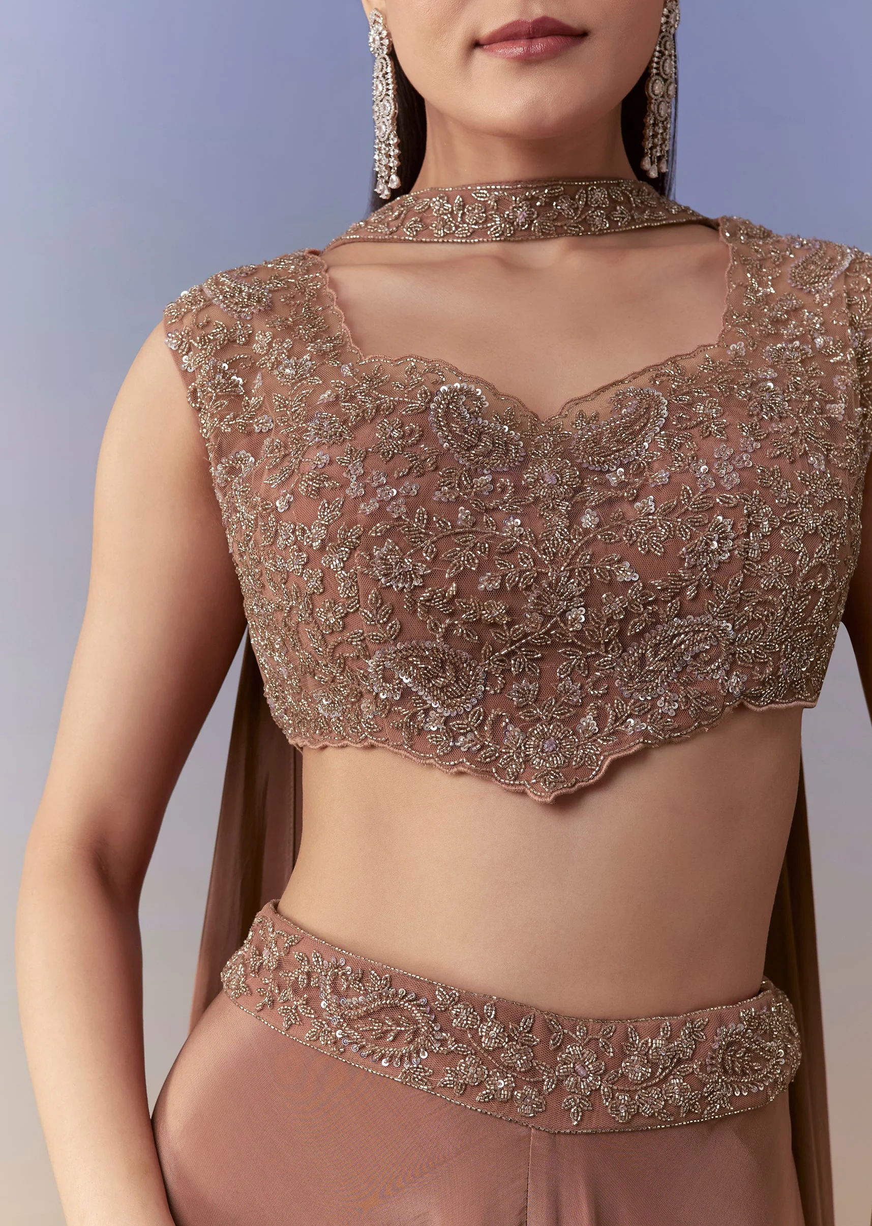 Brown Embellished Crop Top Pant Set with Dupatta - Image 2
