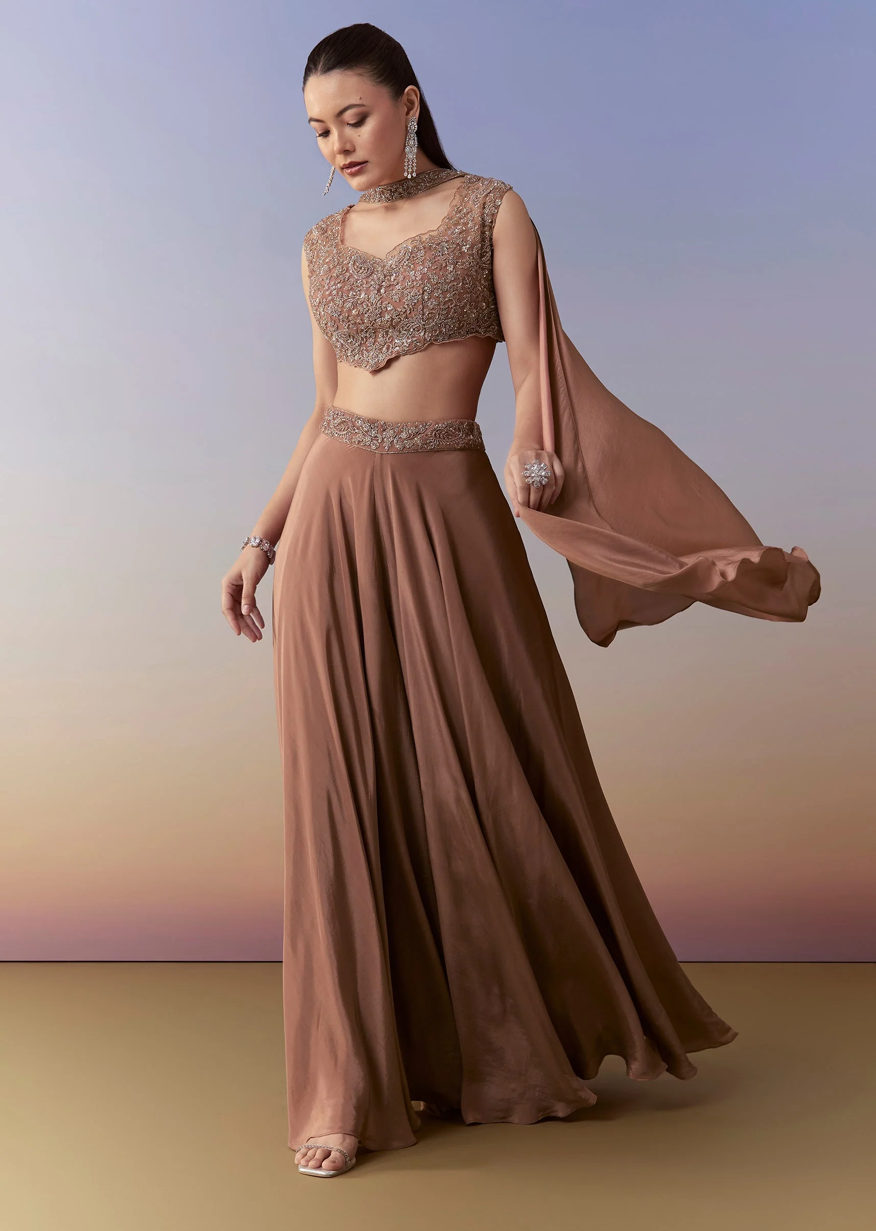 Brown Embellished Crop Top Pant Set with Dupatta - Image 3