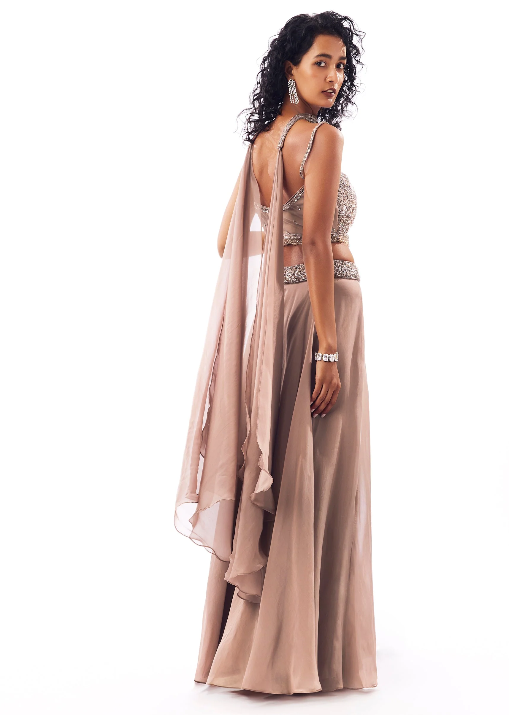 Brown Embellished Crop Top Set With Palazzos And Dupatta - Image 5