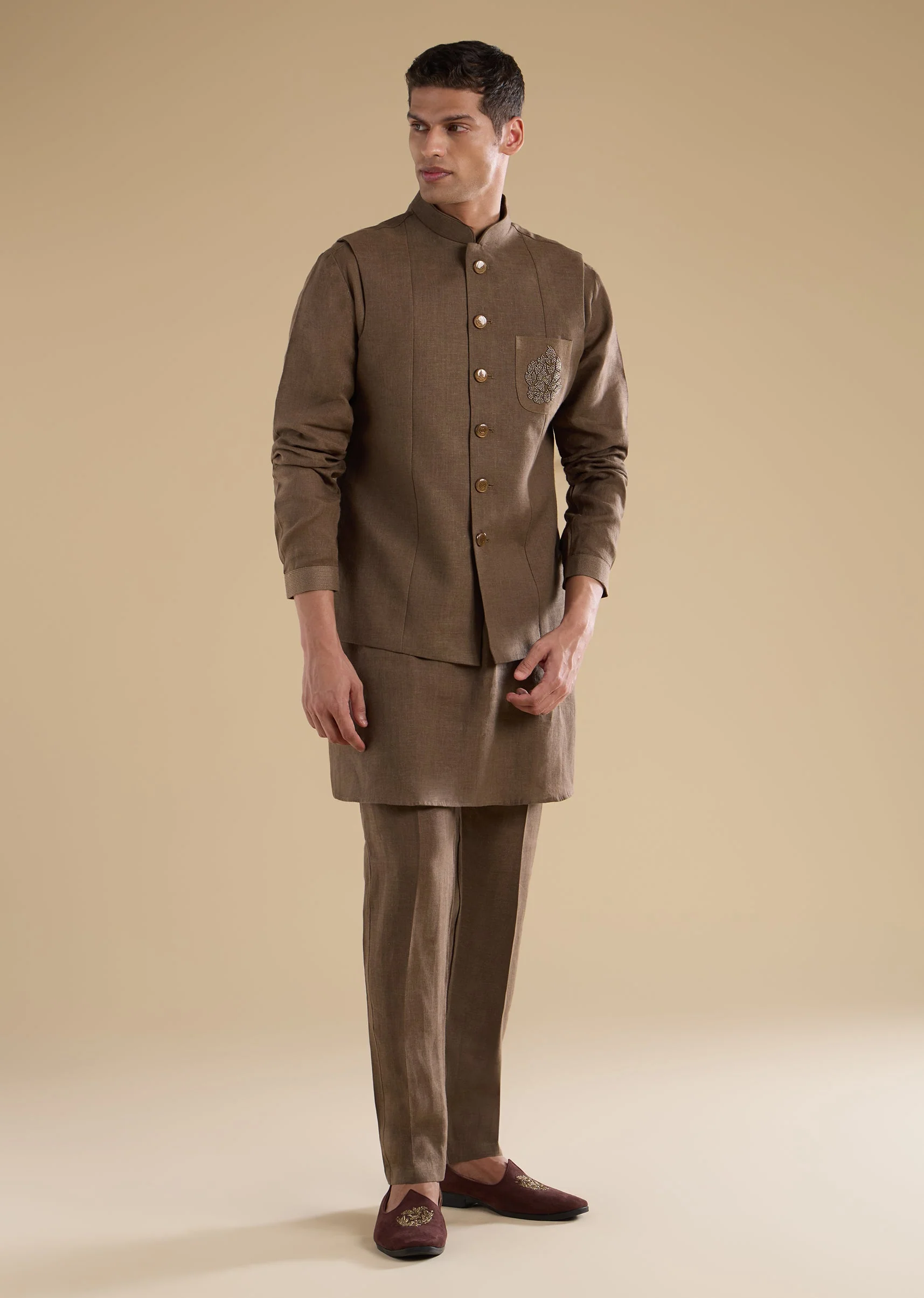 Brown Embellished Silk Kurta Jacket Set - Image 2