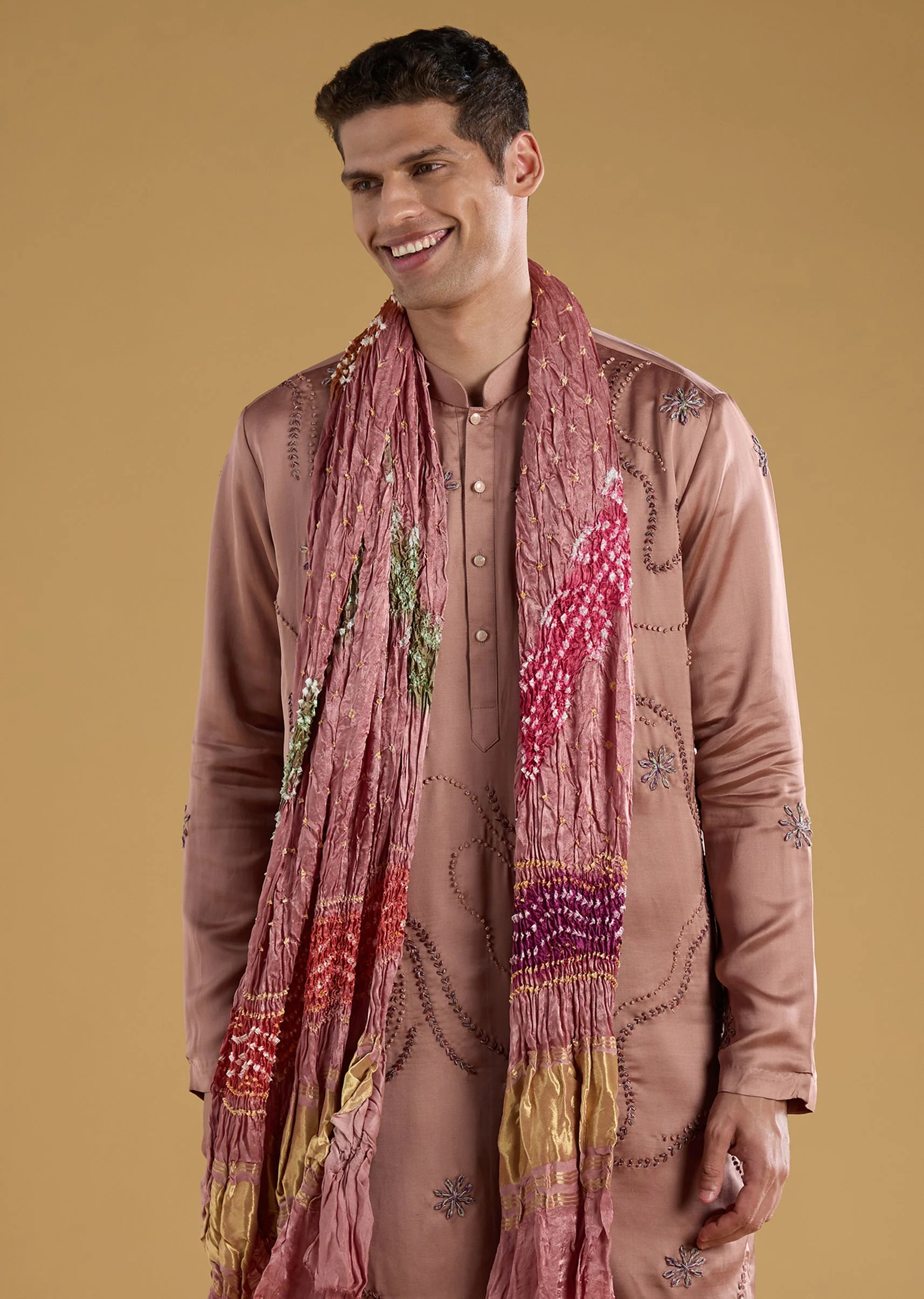 Brown Embroidered Men's Kurta Set with Dupatta in Silk - Image 2