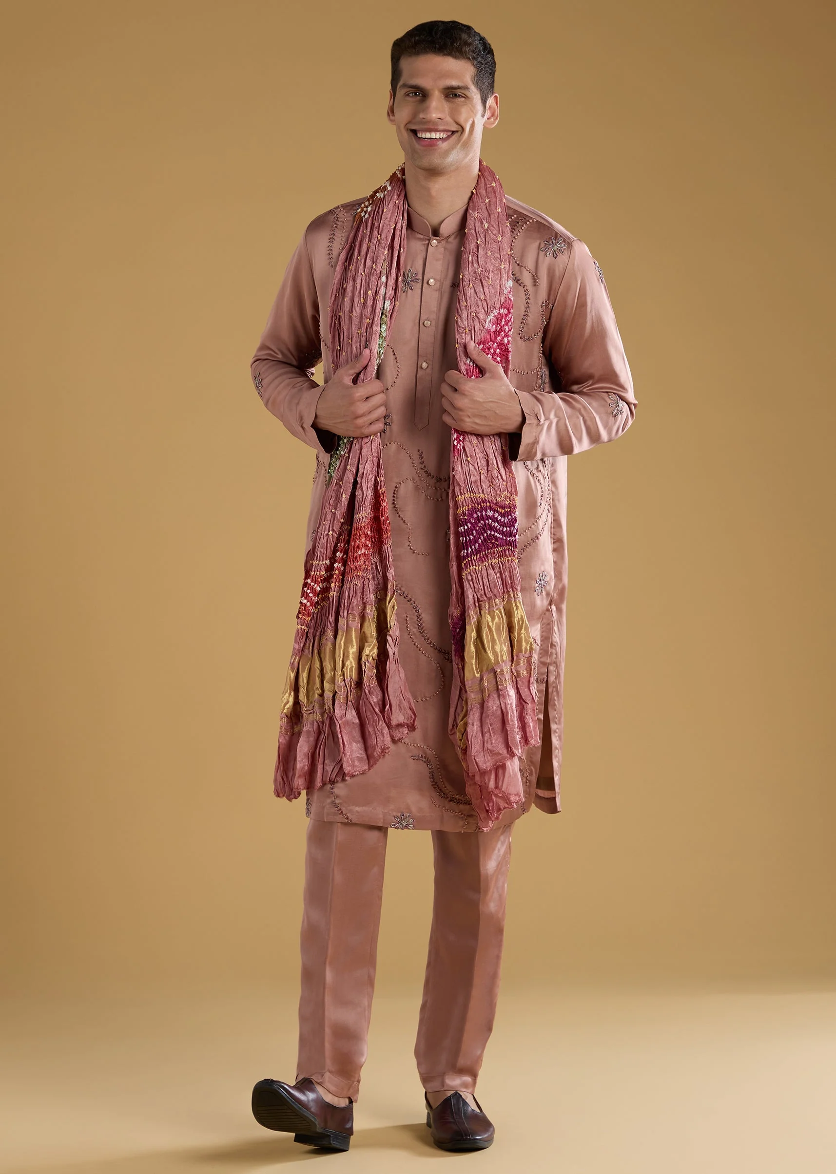 Brown Embroidered Men's Kurta Set with Dupatta in Silk - Image 3