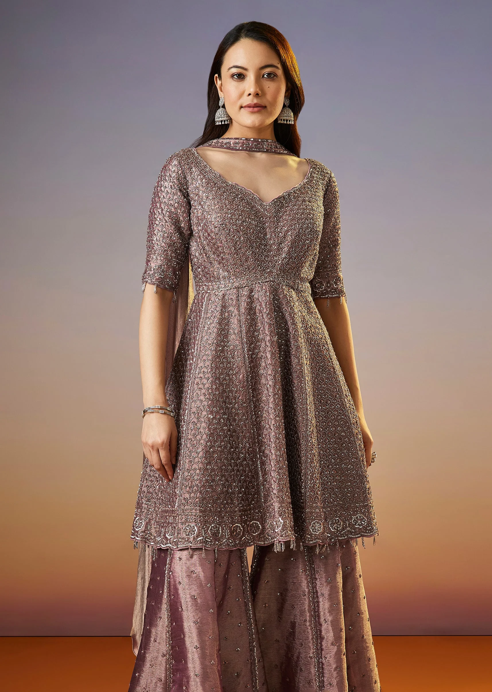 Brown Embroidered Tissue Peplum Sharara Suit With Dupatta - Image 4