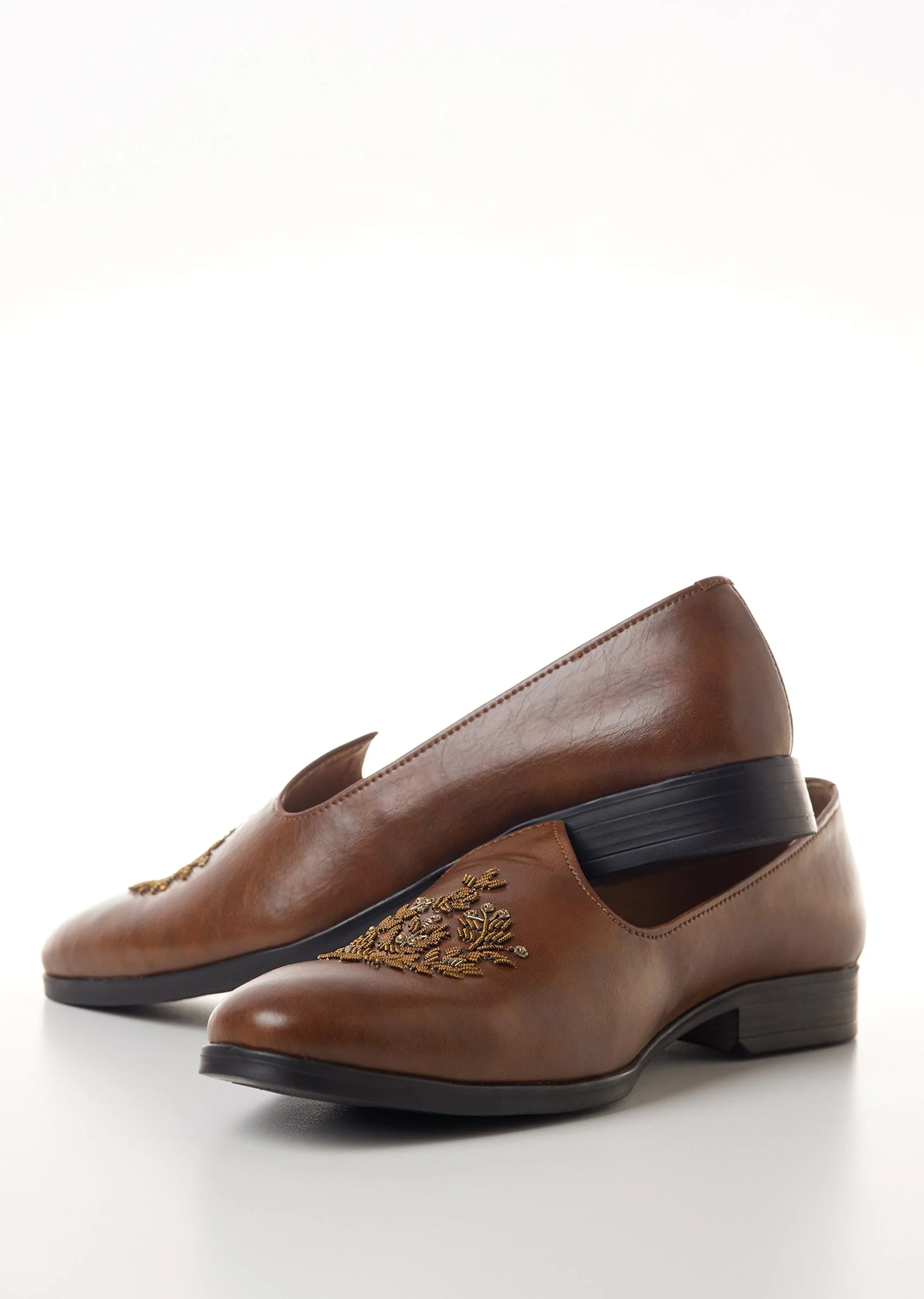 Brown Faux Leather Mens Loafers with Gold Thread Embroidery - Image 3