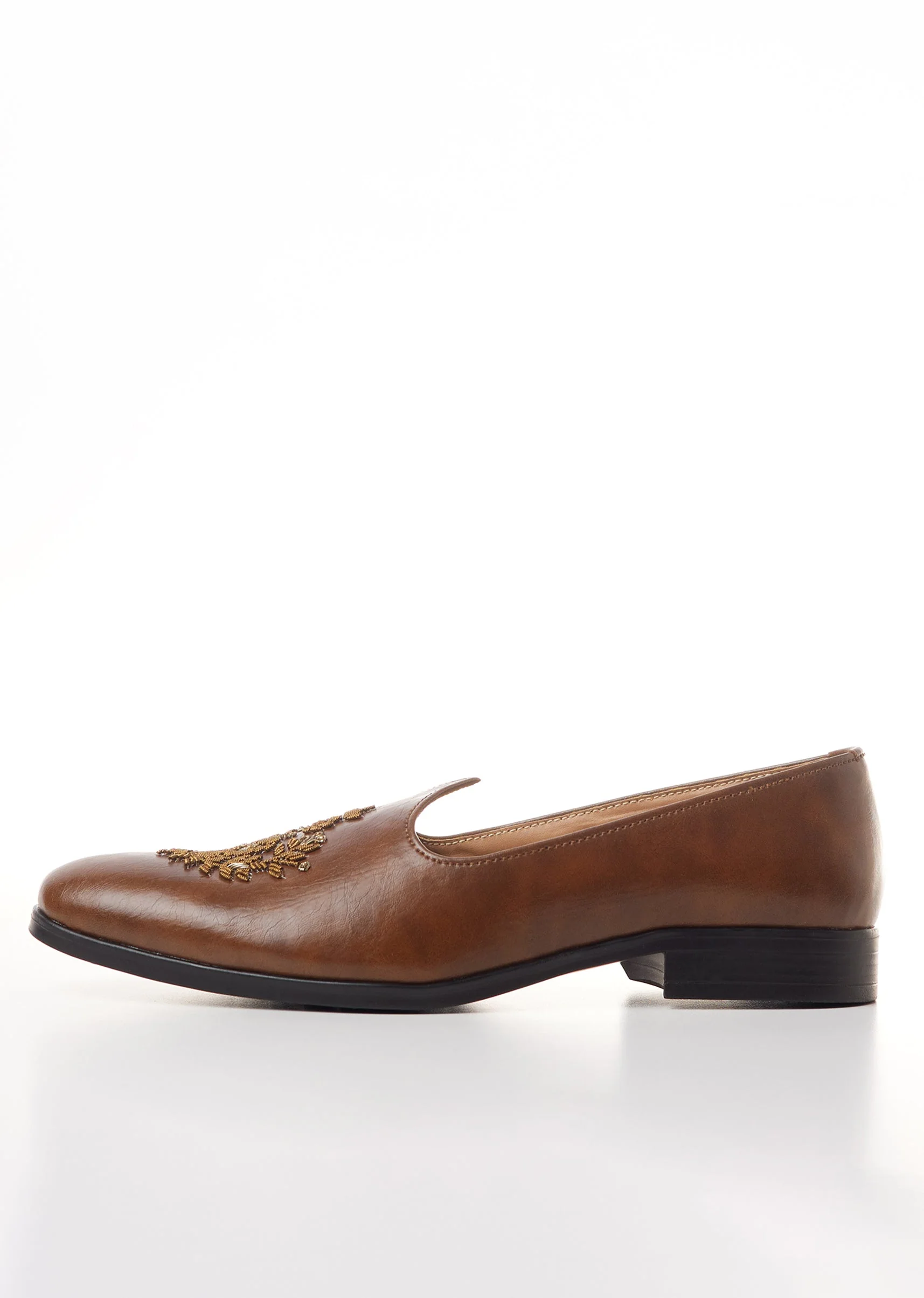 Brown Faux Leather Mens Loafers with Gold Thread Embroidery - Image 4