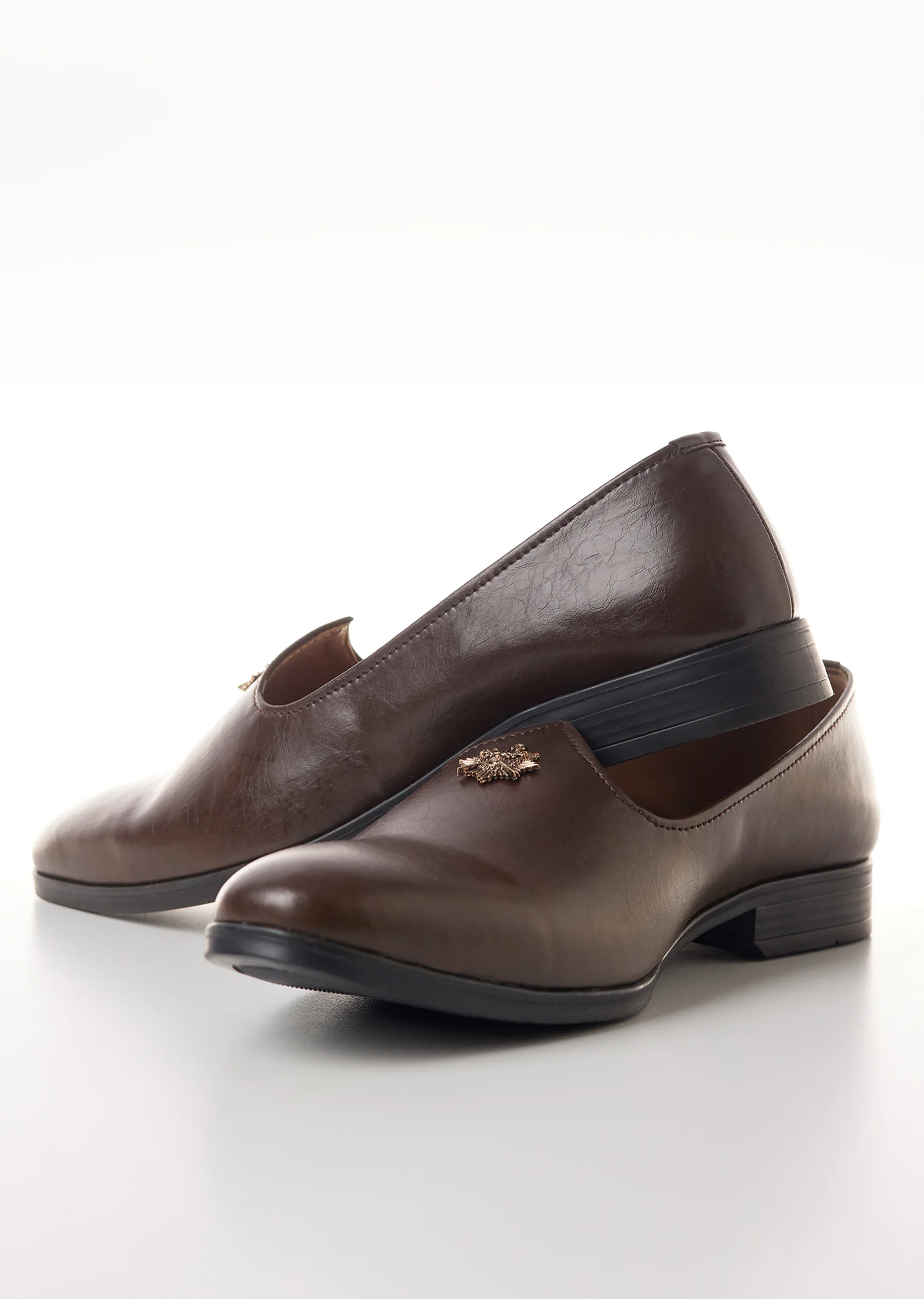 Brown Faux Leather Mens Loafers with Metallic Sunburst Charm - Image 3