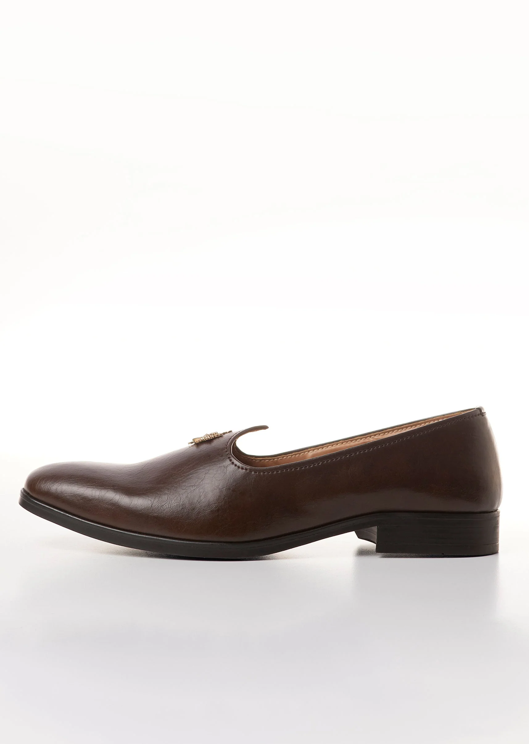 Brown Faux Leather Mens Loafers with Metallic Sunburst Charm - Image 4