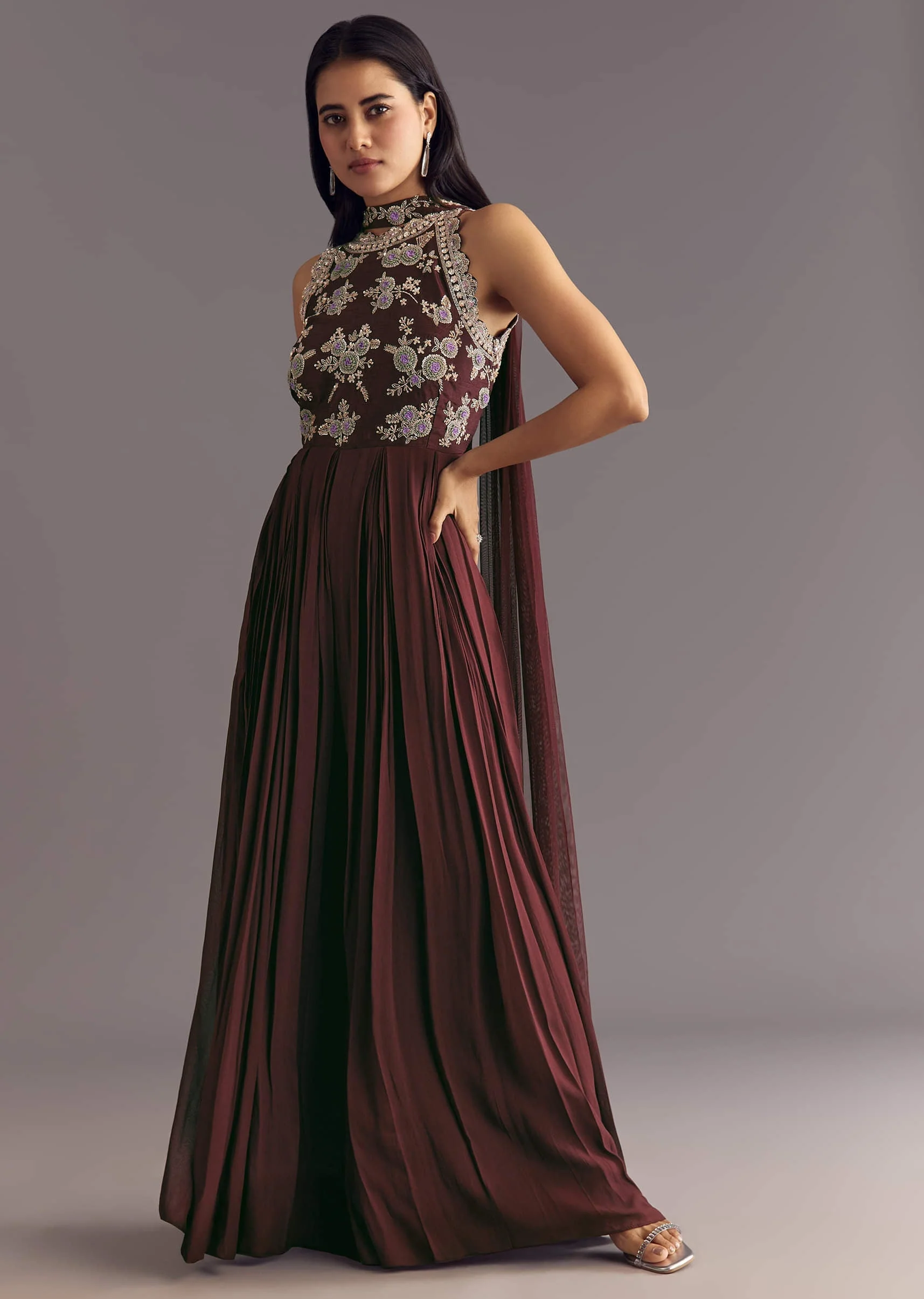 Brown Georgette Jumpsuit With Beads And Cutdana Embroidery - Image 3