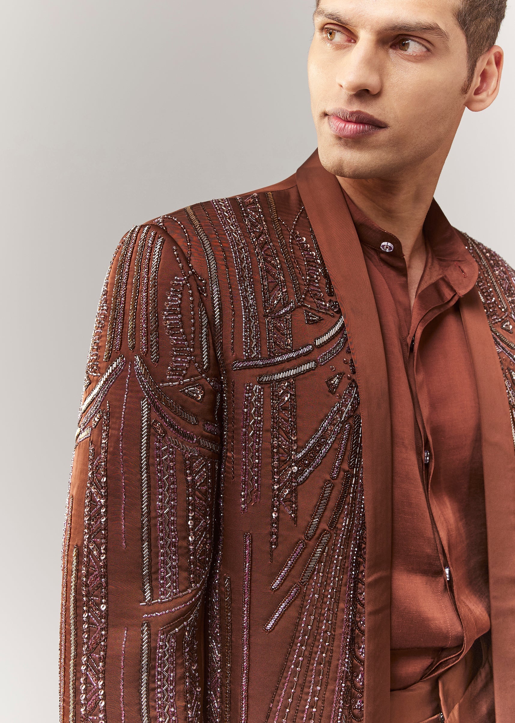 Brown Hand Embroidered Blazer Set With Waistcoat - Image 3