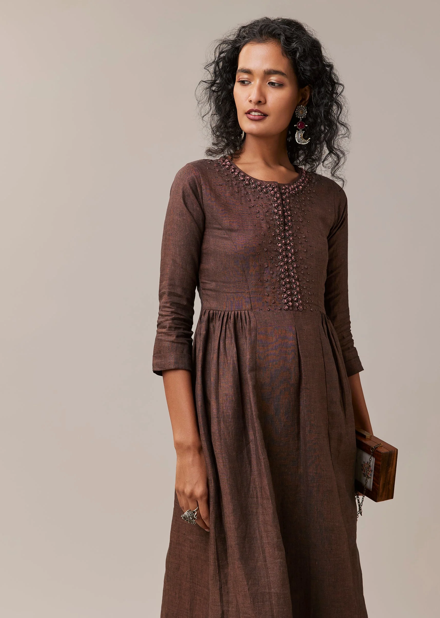Brown Hand Embroidered French Knot Linen Kurta - Image 4